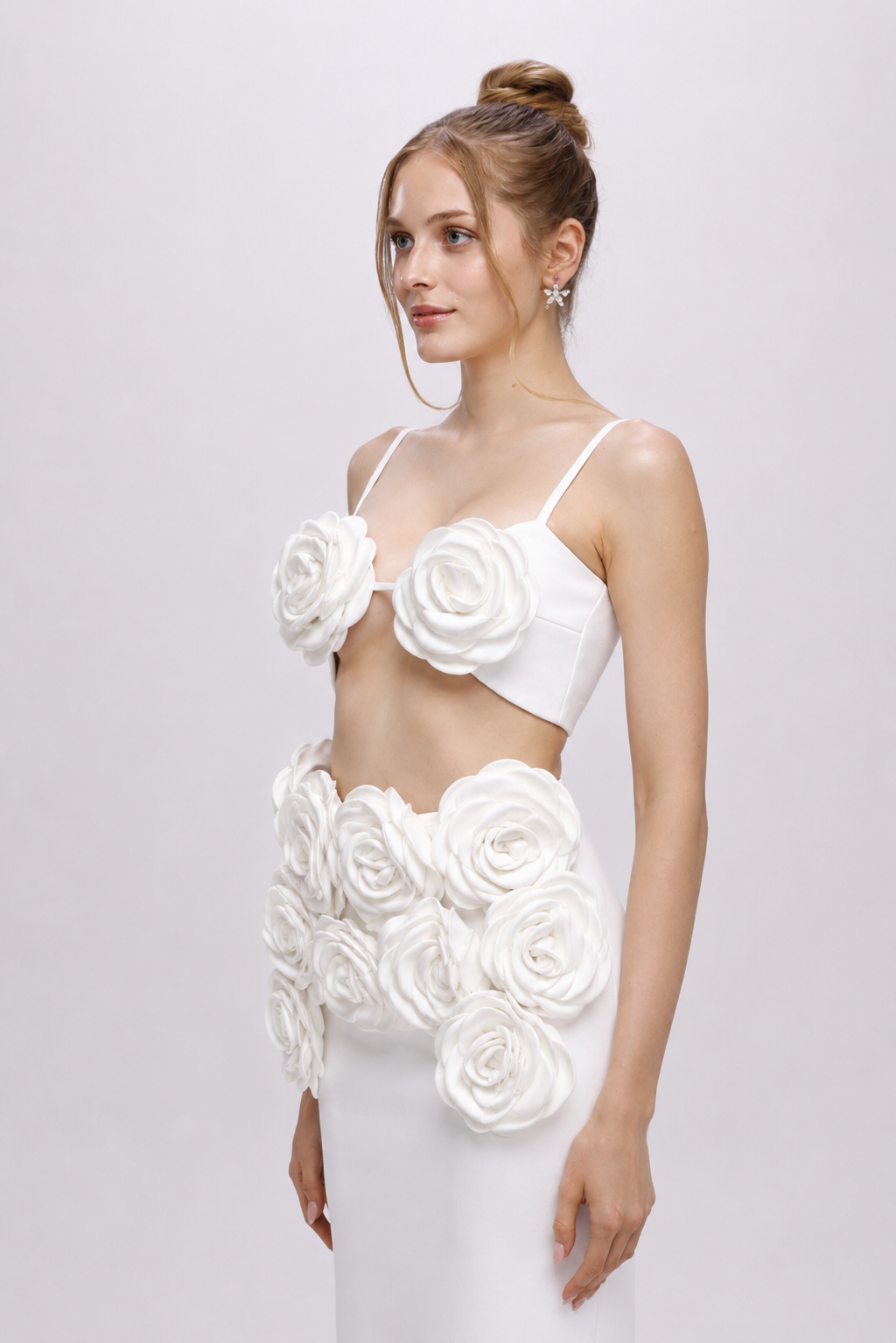 Bandage flower top co-ord skirt set White