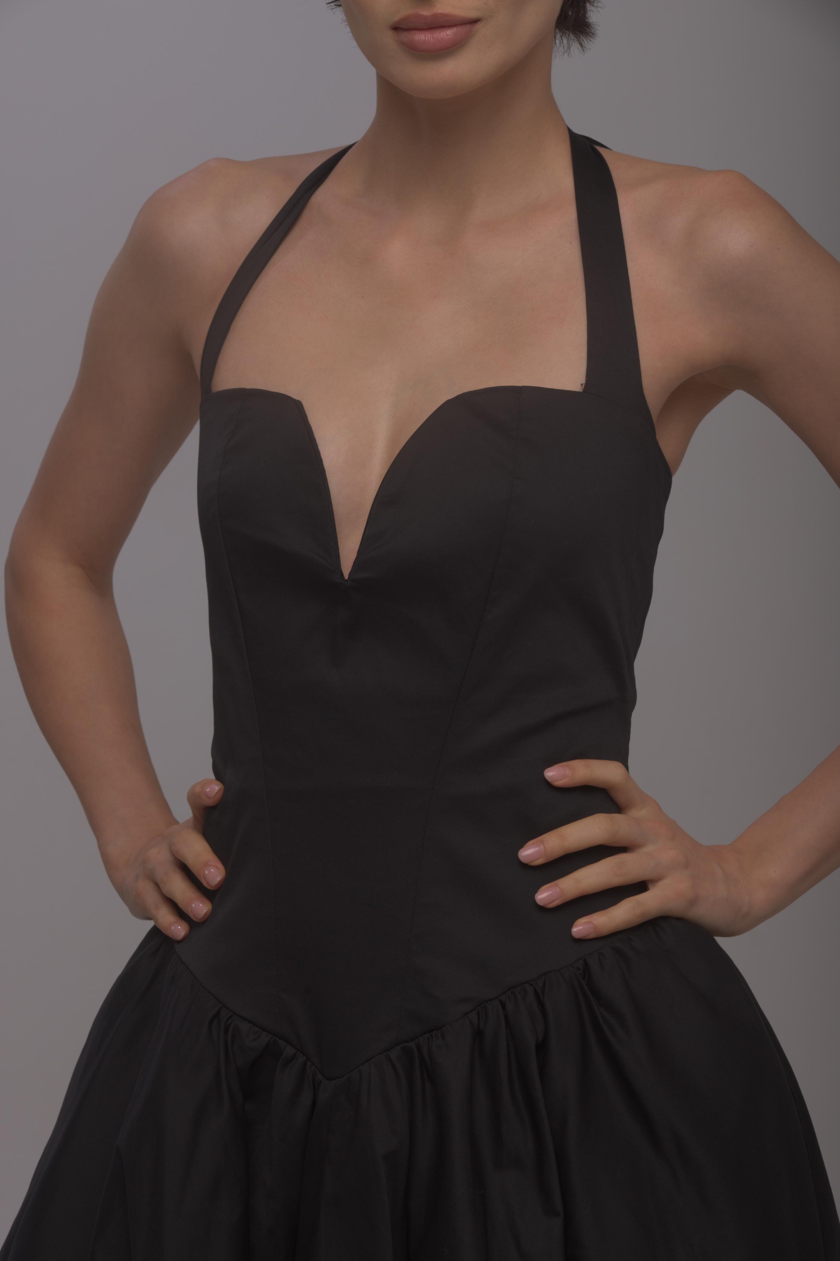 Solid halter neck long princess dress-Black