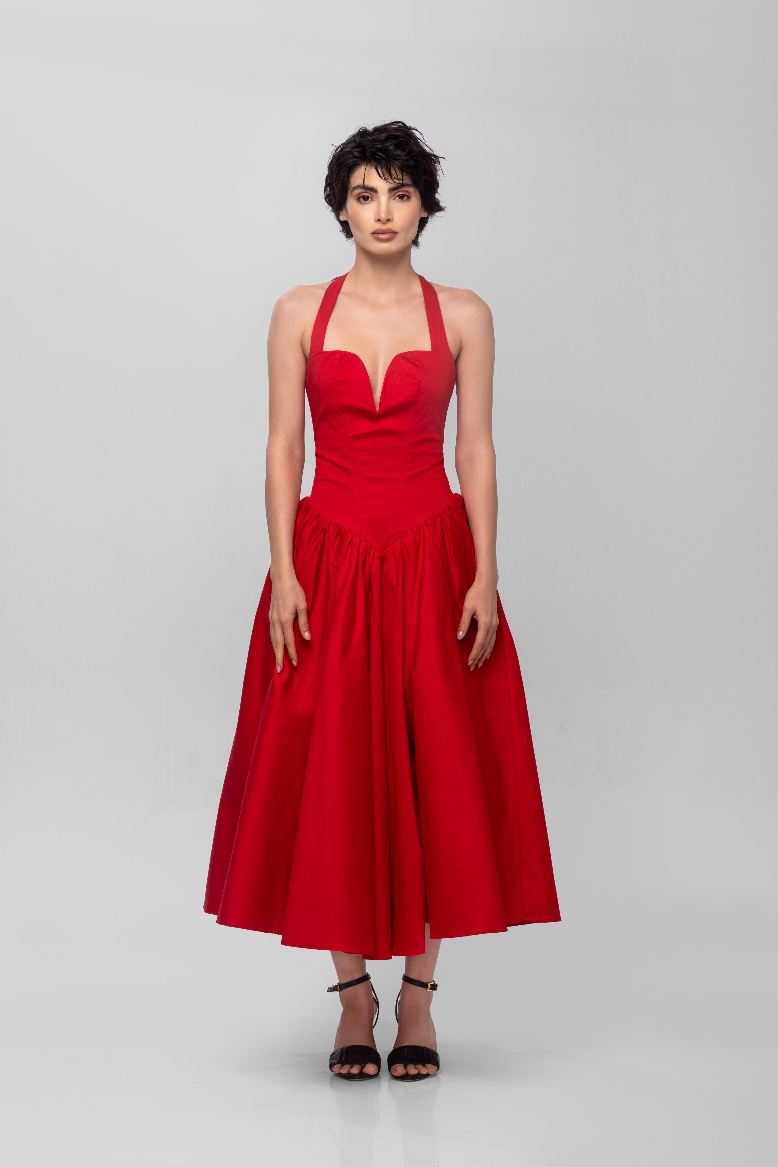 Solid halter neck long princess dress-Red