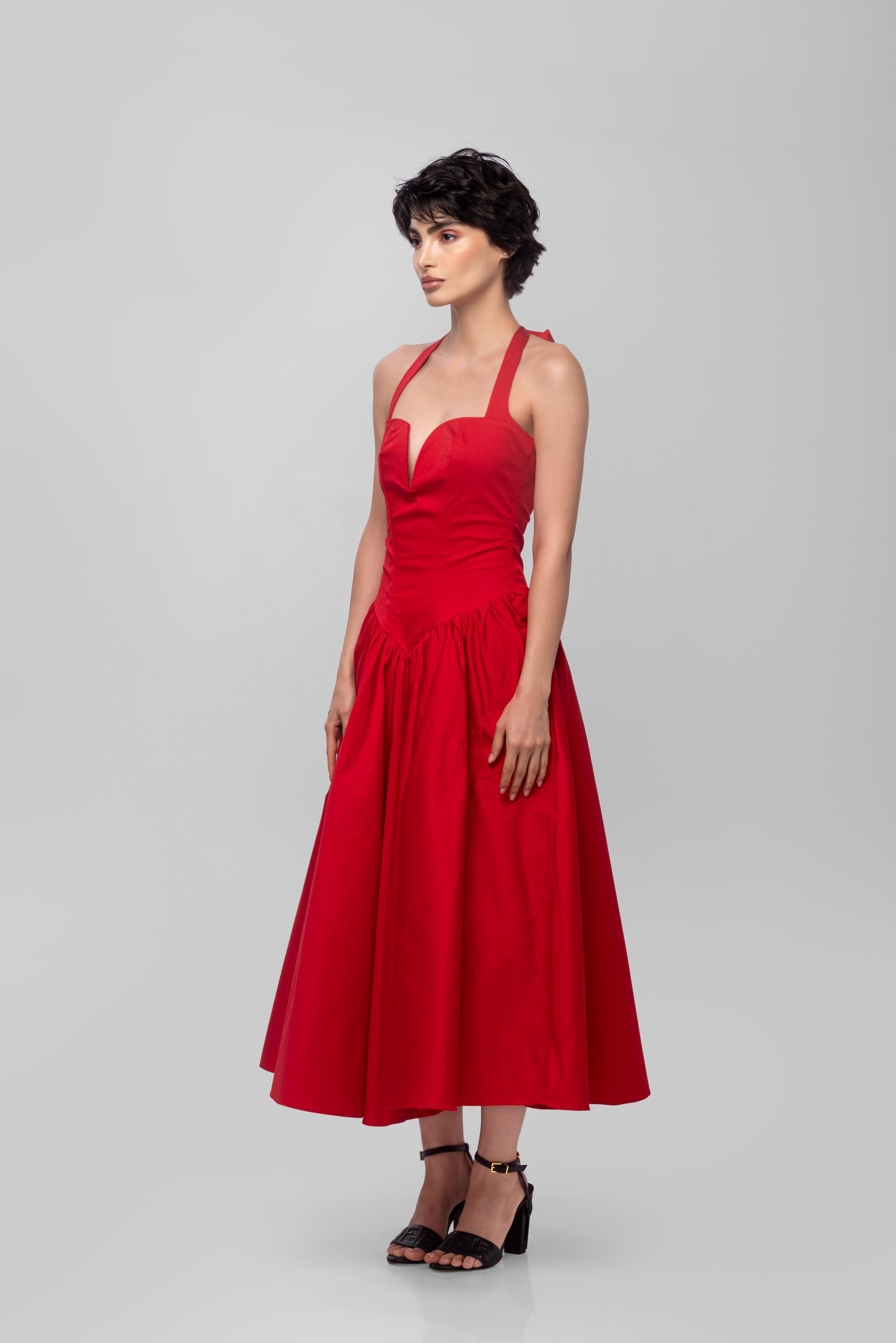 Solid halter neck long princess dress-Red