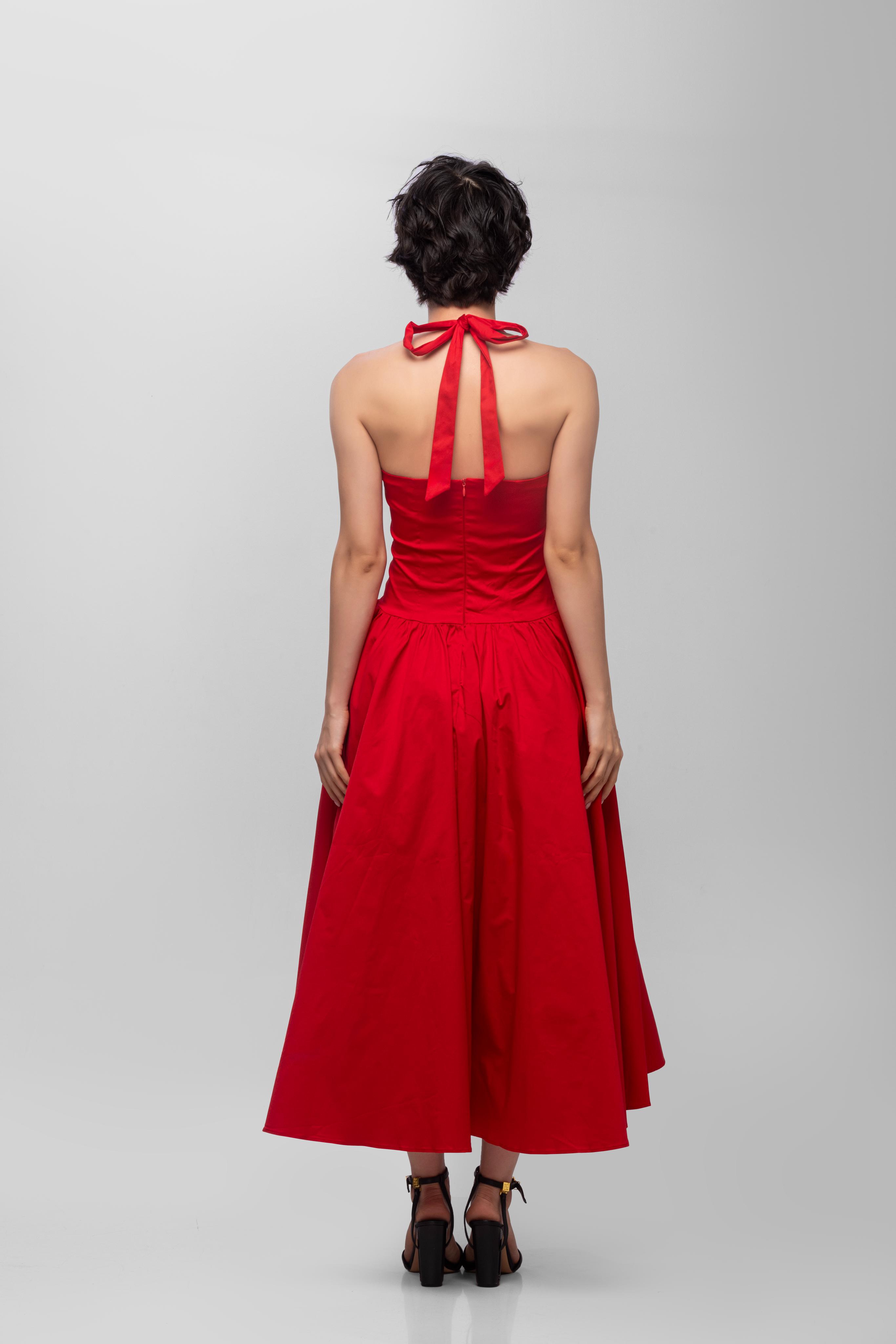 Solid halter neck long princess dress-Red