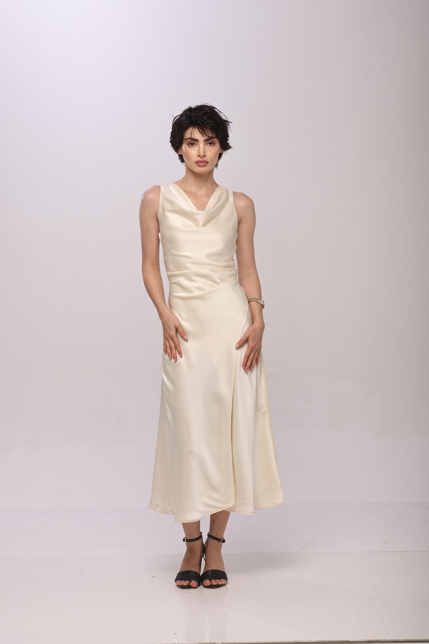 Solid Spaghetti Straps satin midi dress Beige