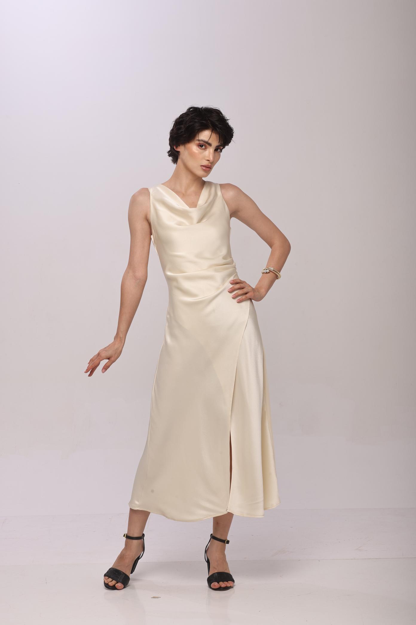 Solid Spaghetti Straps satin midi dress Beige