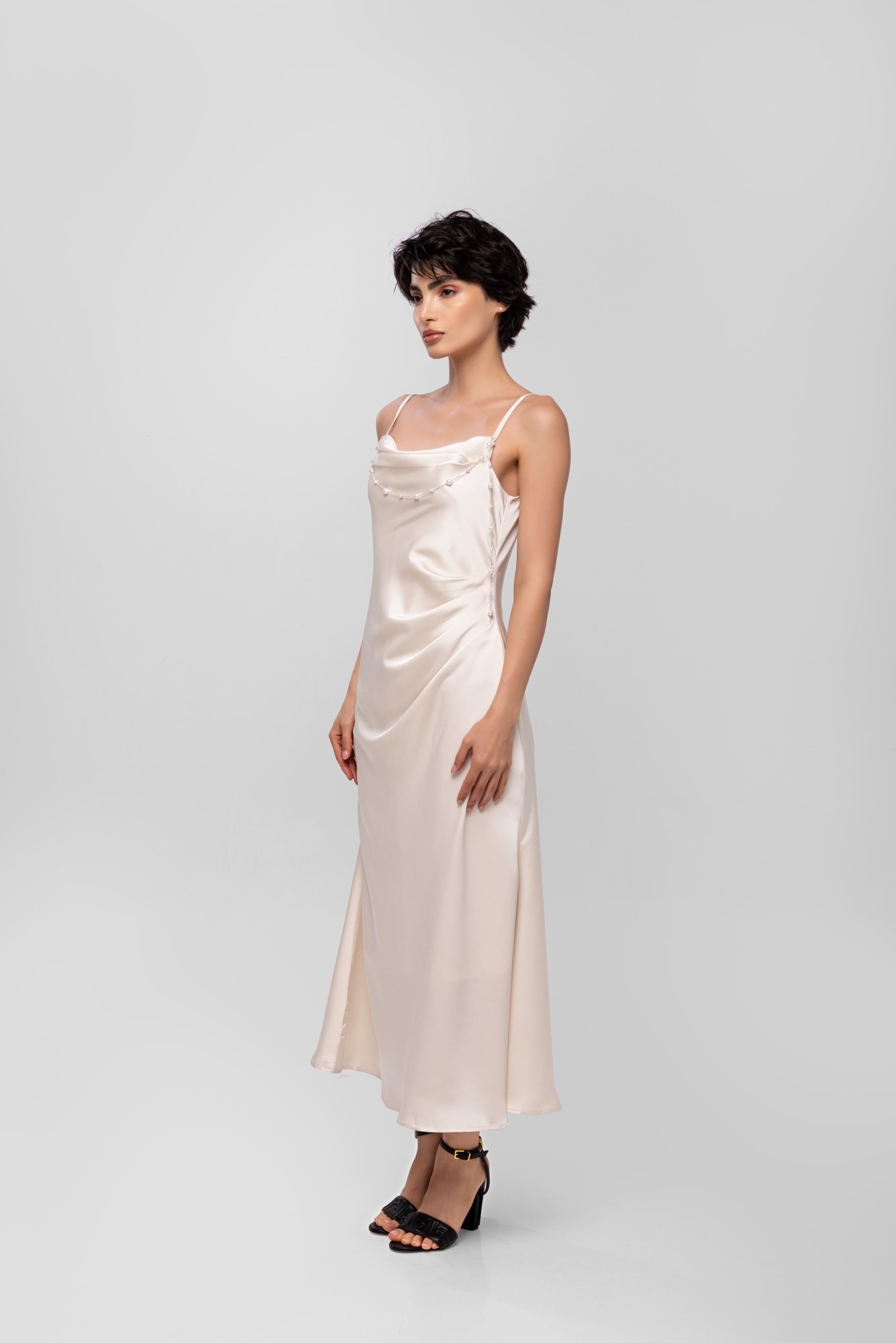 Solid Spaghetti Straps satin midi dress White