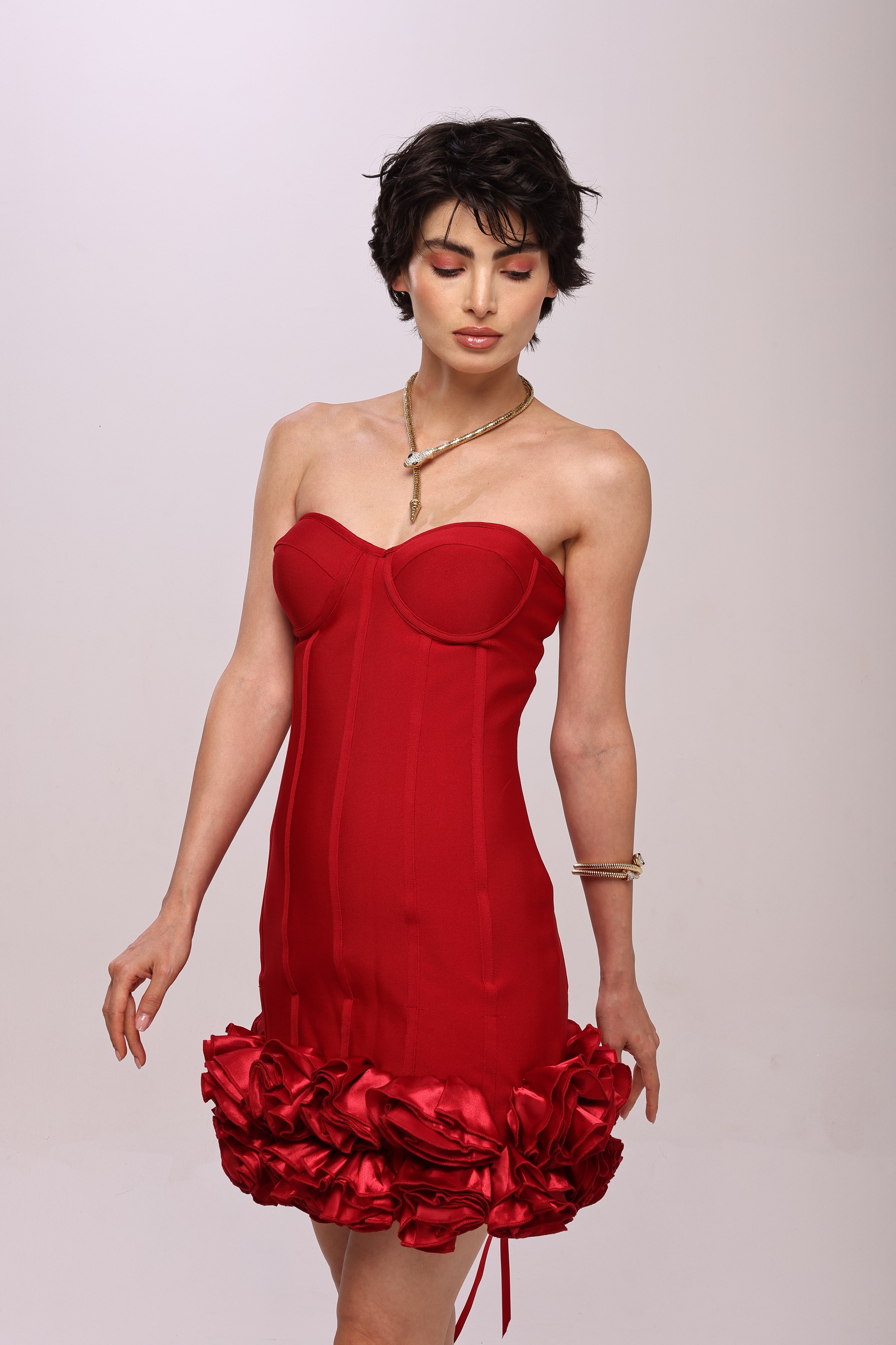 Bandage flower off shoulder mini dress Red