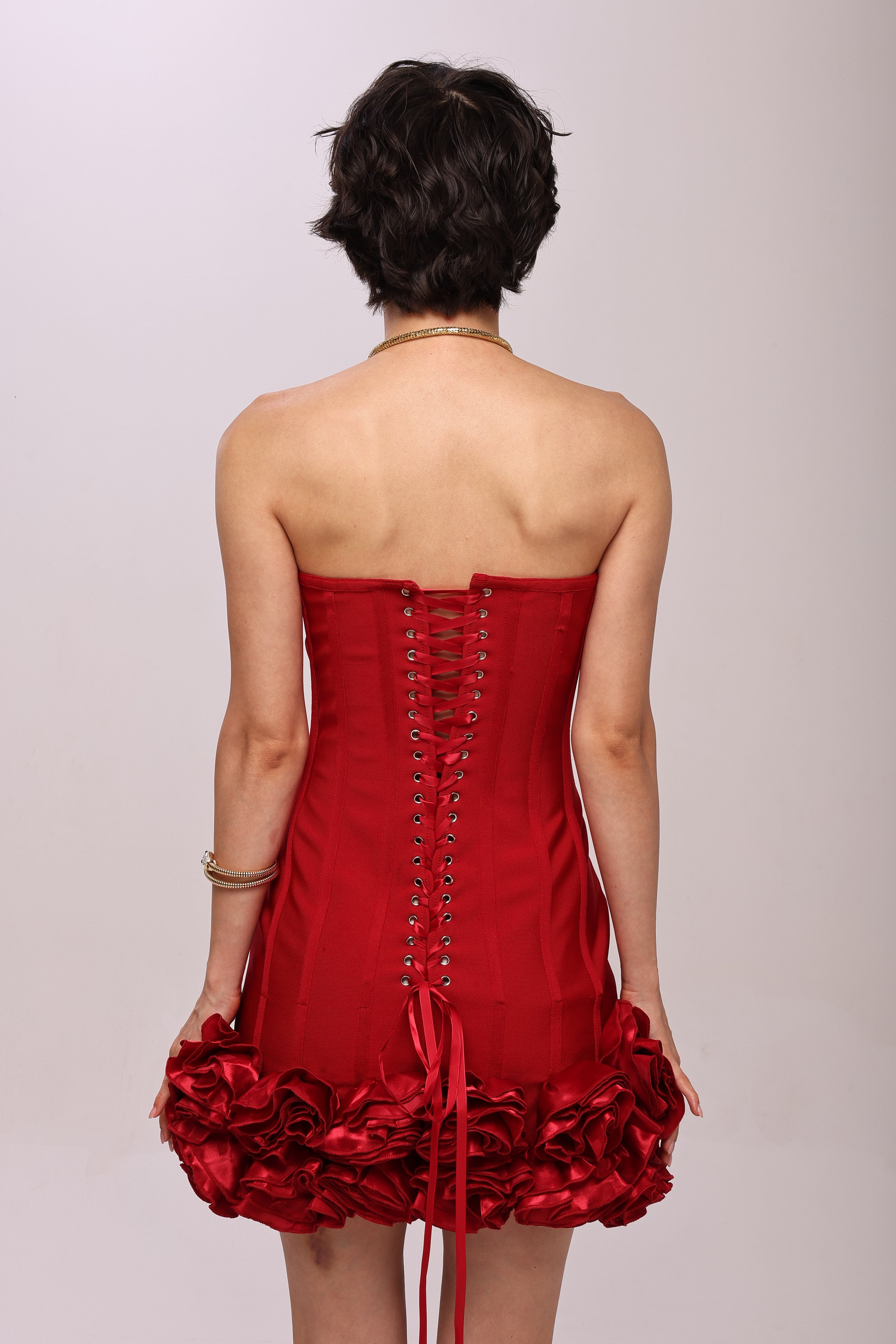 Bandage flower off shoulder mini dress Red