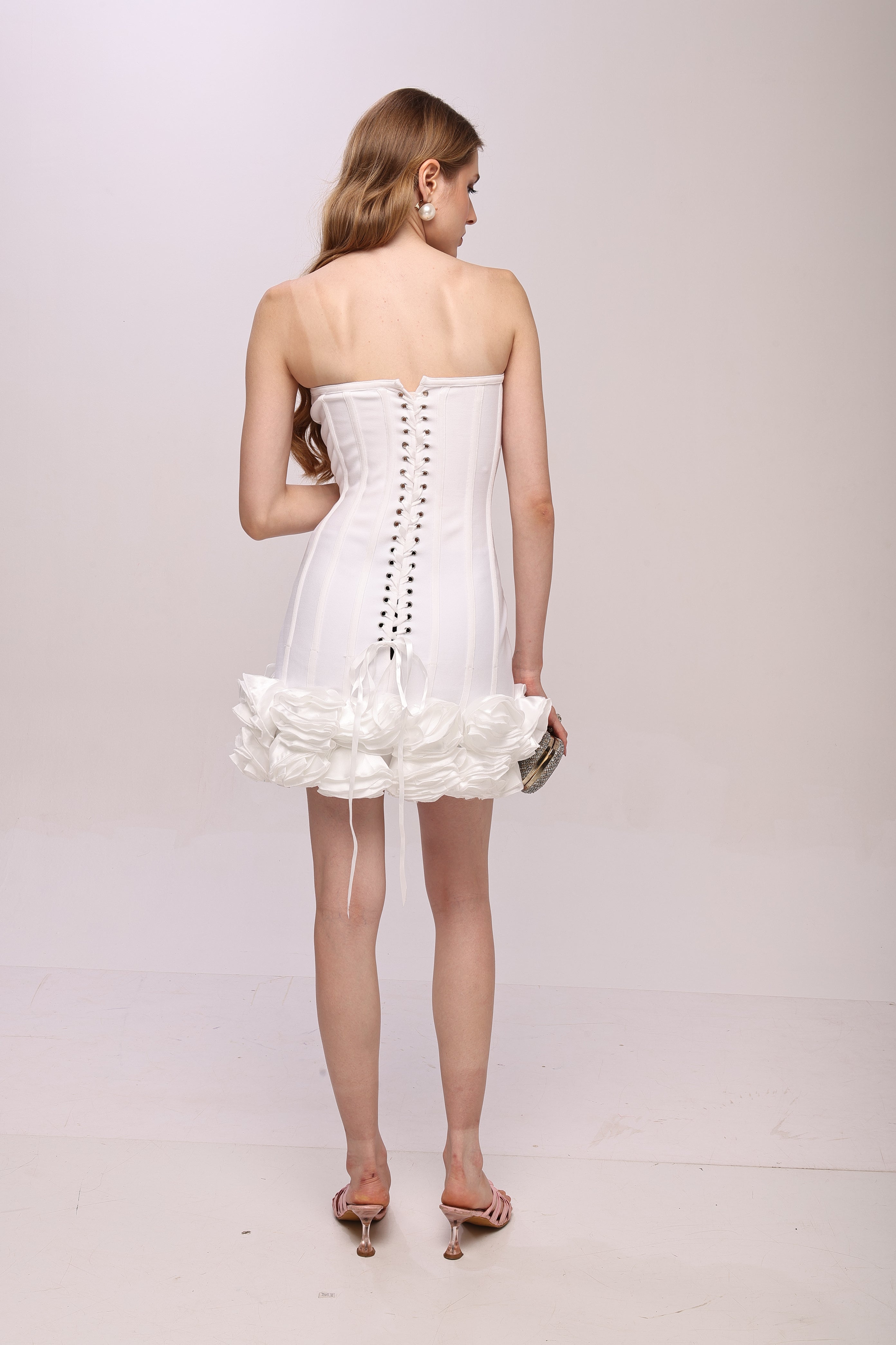 Bandage flower off shoulder mini dress White