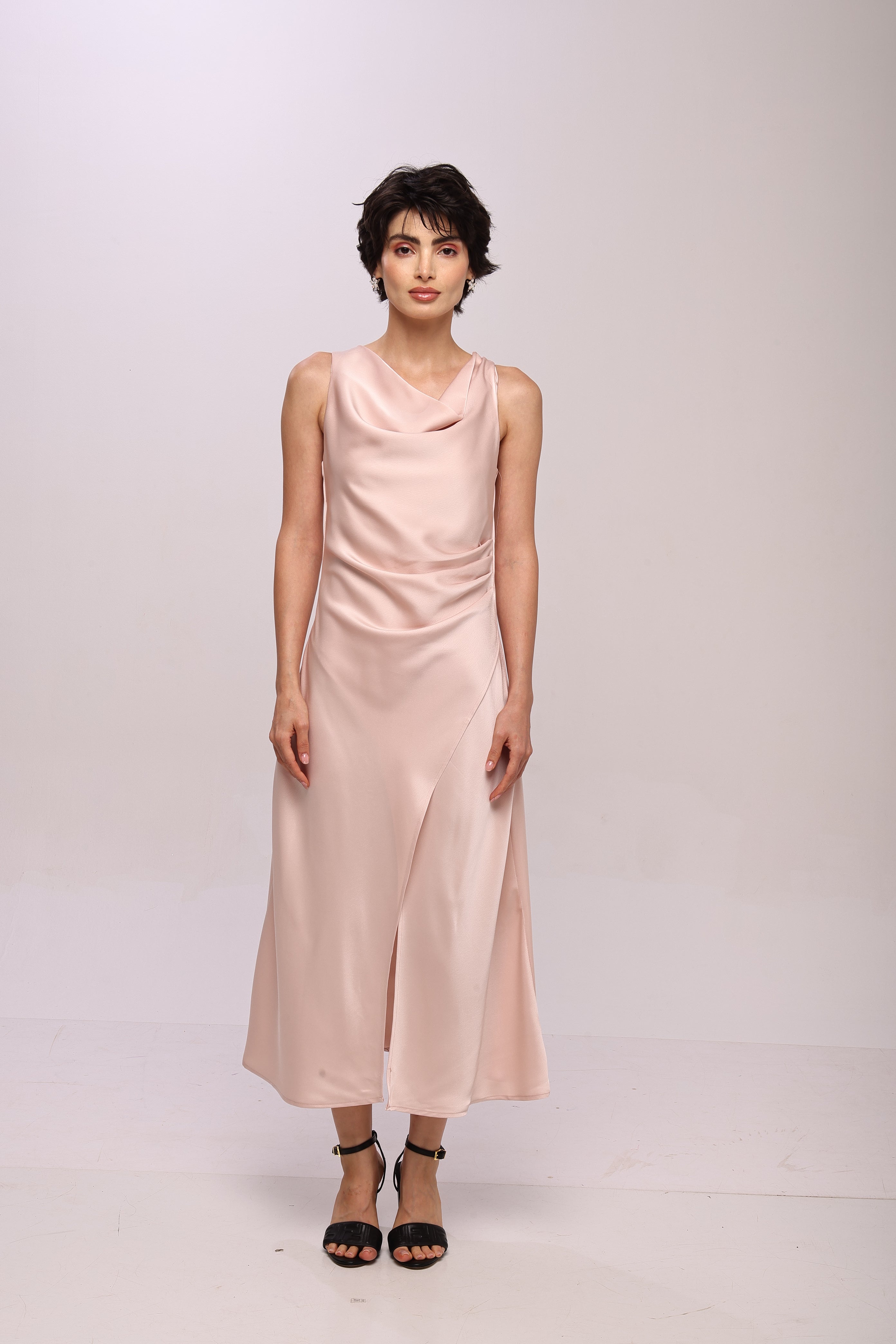 Solid Spaghetti Straps satin midi dress Pink