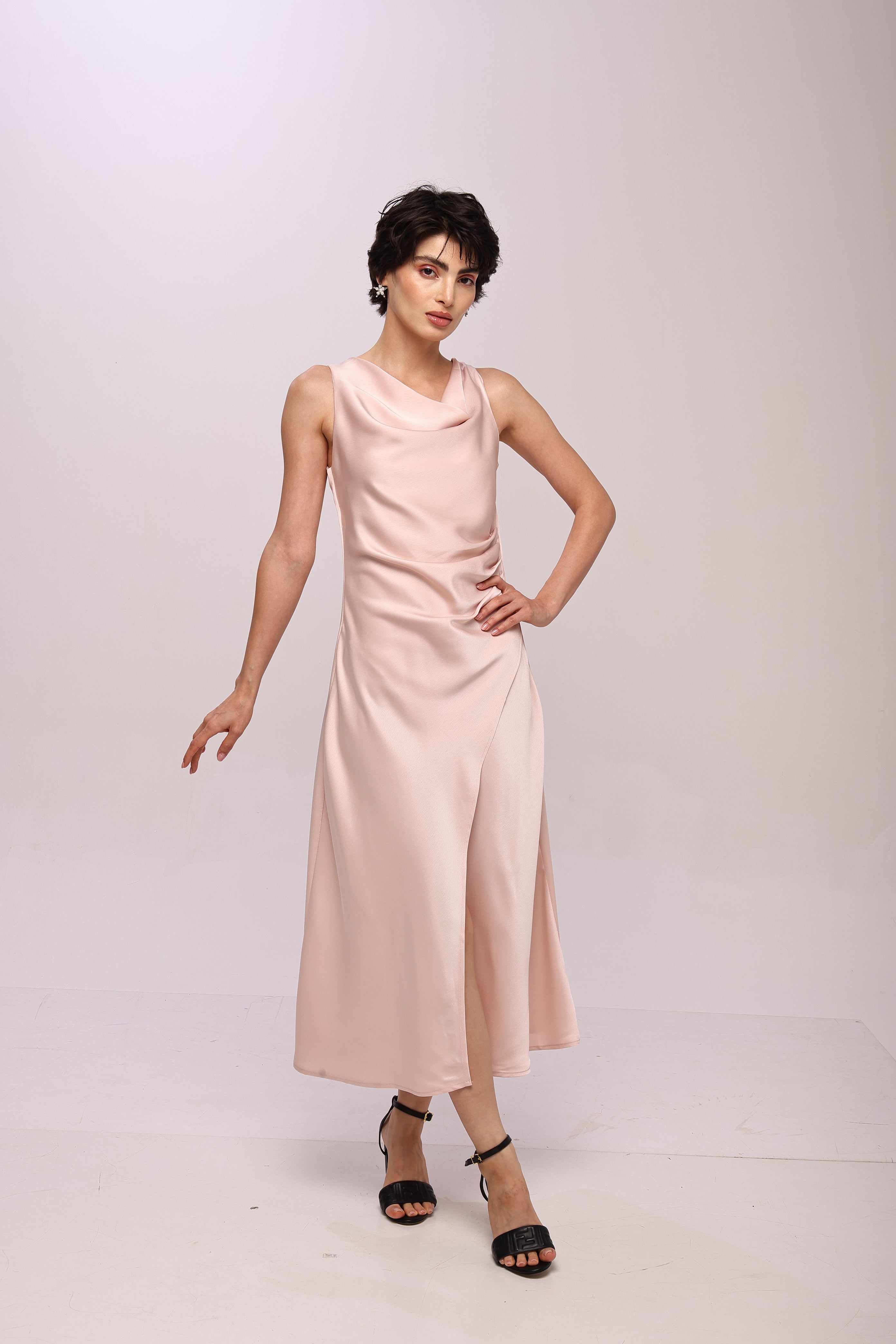 Solid Spaghetti Straps satin midi dress Pink