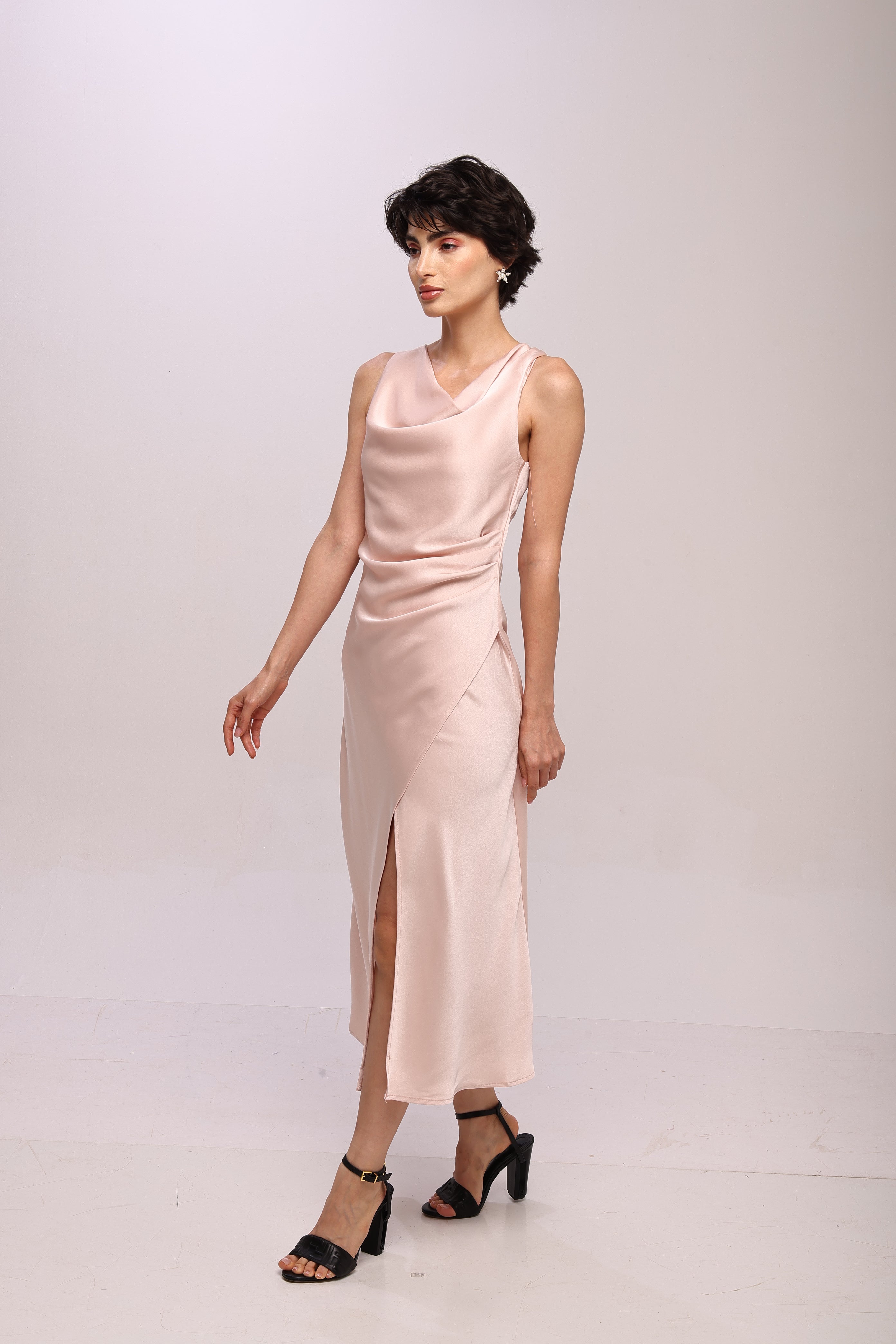 Solid Spaghetti Straps satin midi dress Pink