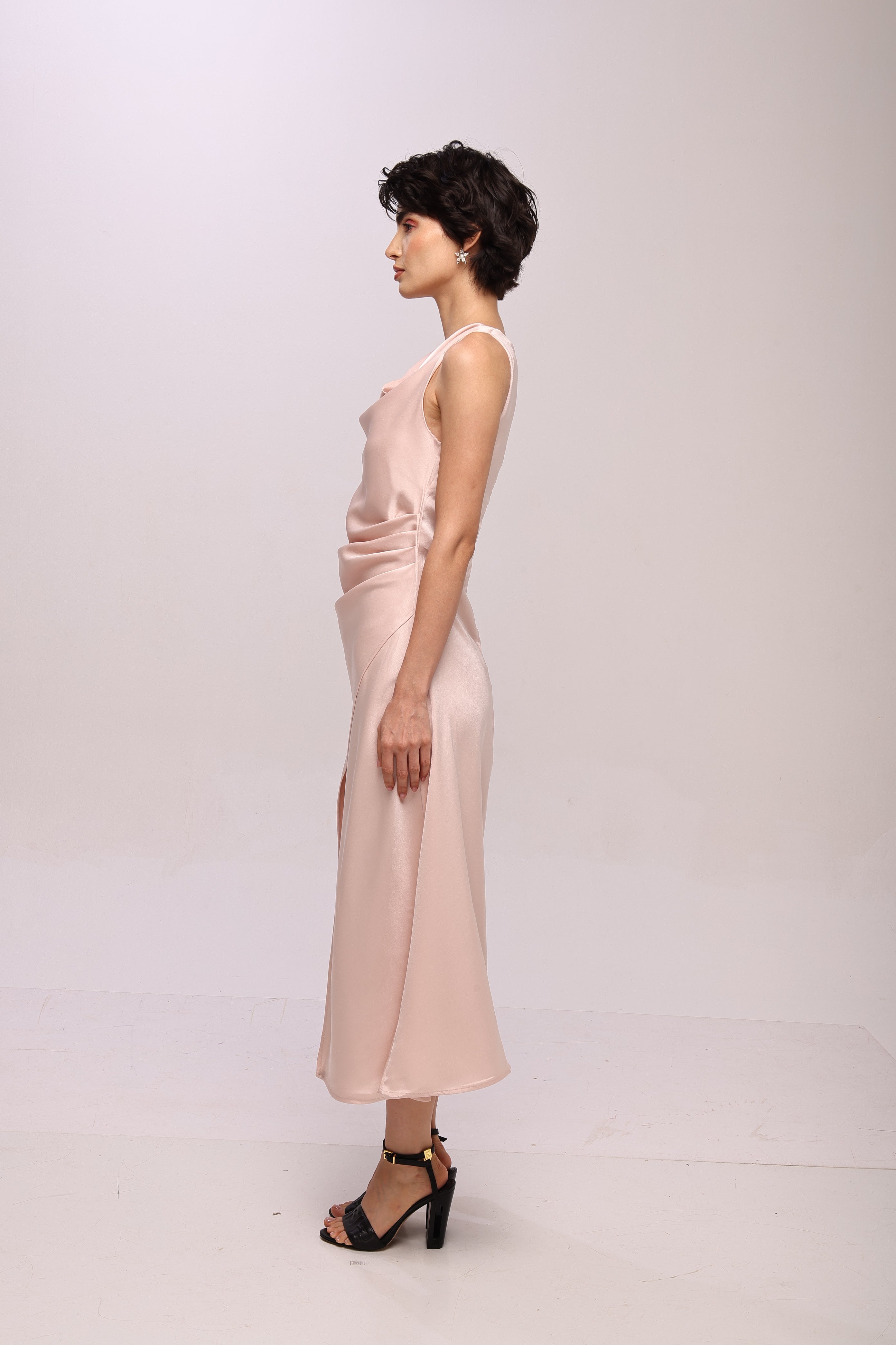 Solid Spaghetti Straps satin midi dress Pink