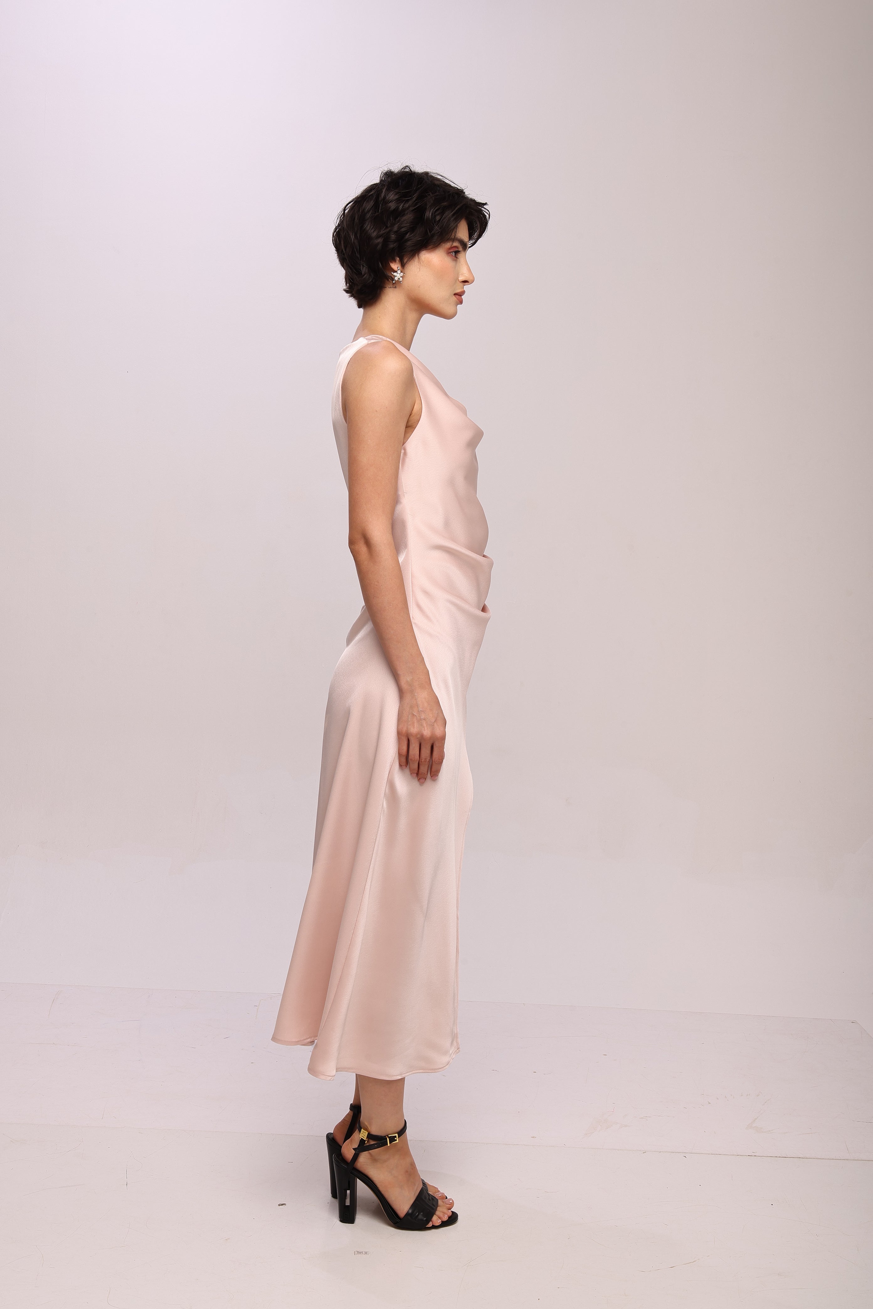 Solid Spaghetti Straps satin midi dress Pink