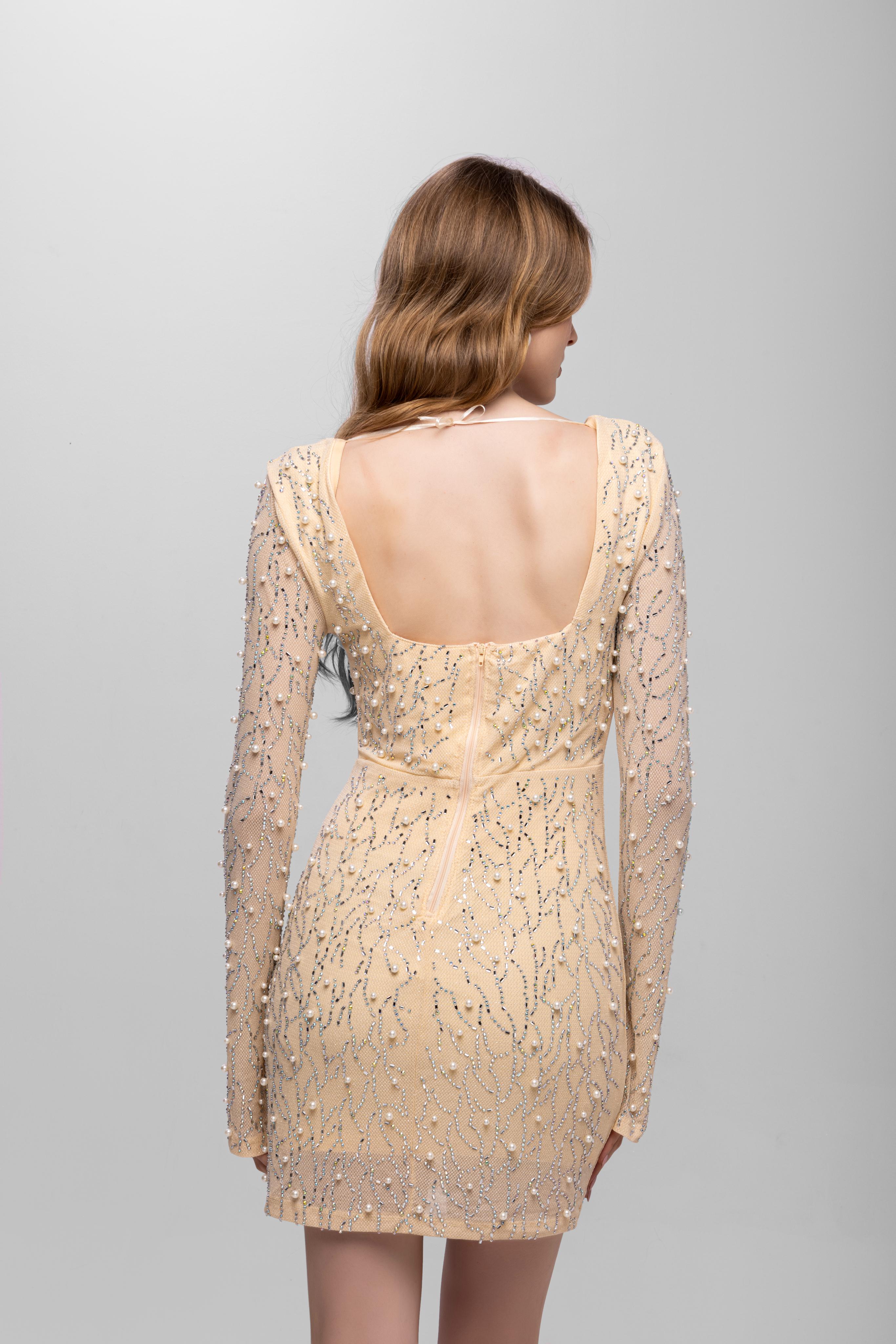 Full sleeve Embellished Mini Dress Beige