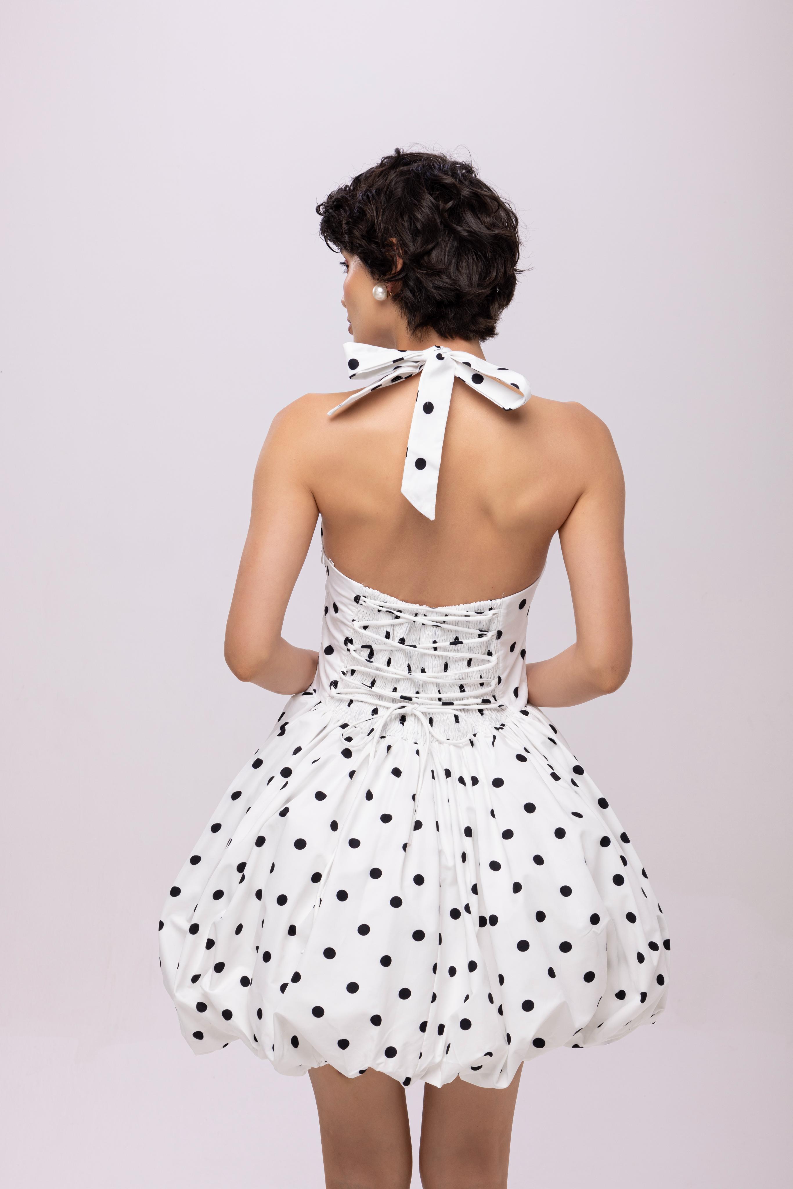 White Printed halter neck backless short cotton balloon dress