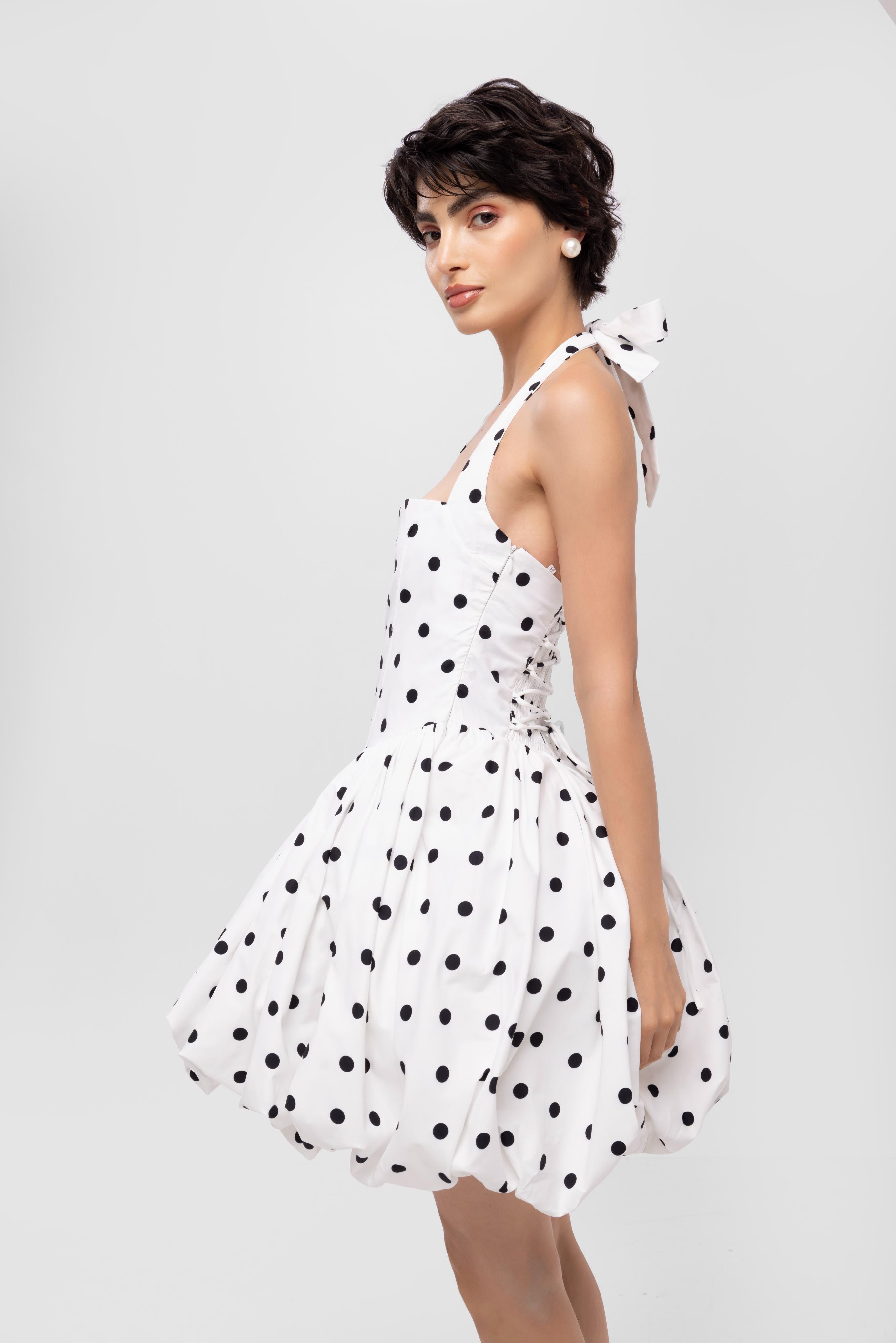 White Printed halter neck backless short cotton balloon dress
