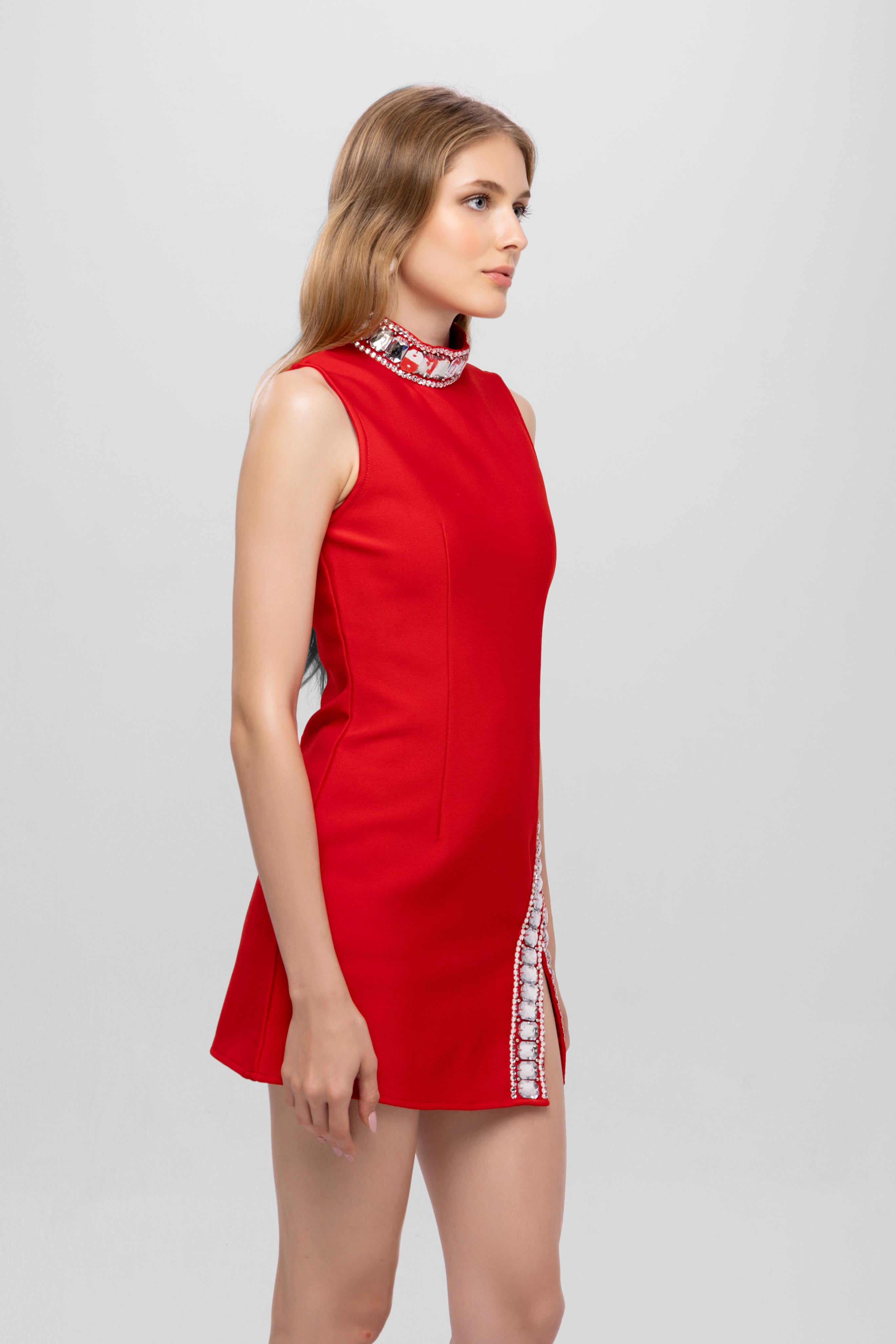 Mock neck Rhinestone sleeve less mini dress Red