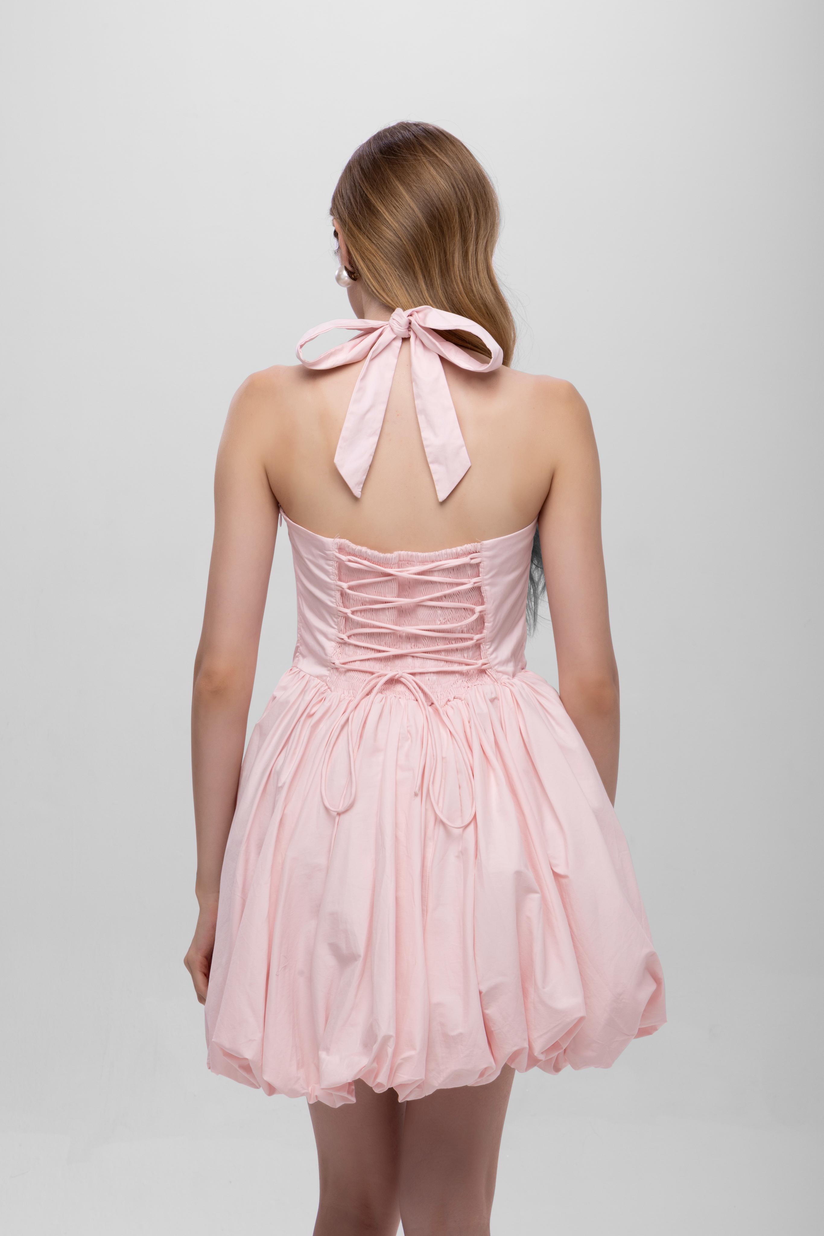 Pink solid halter neck backless short cotton balloon dress