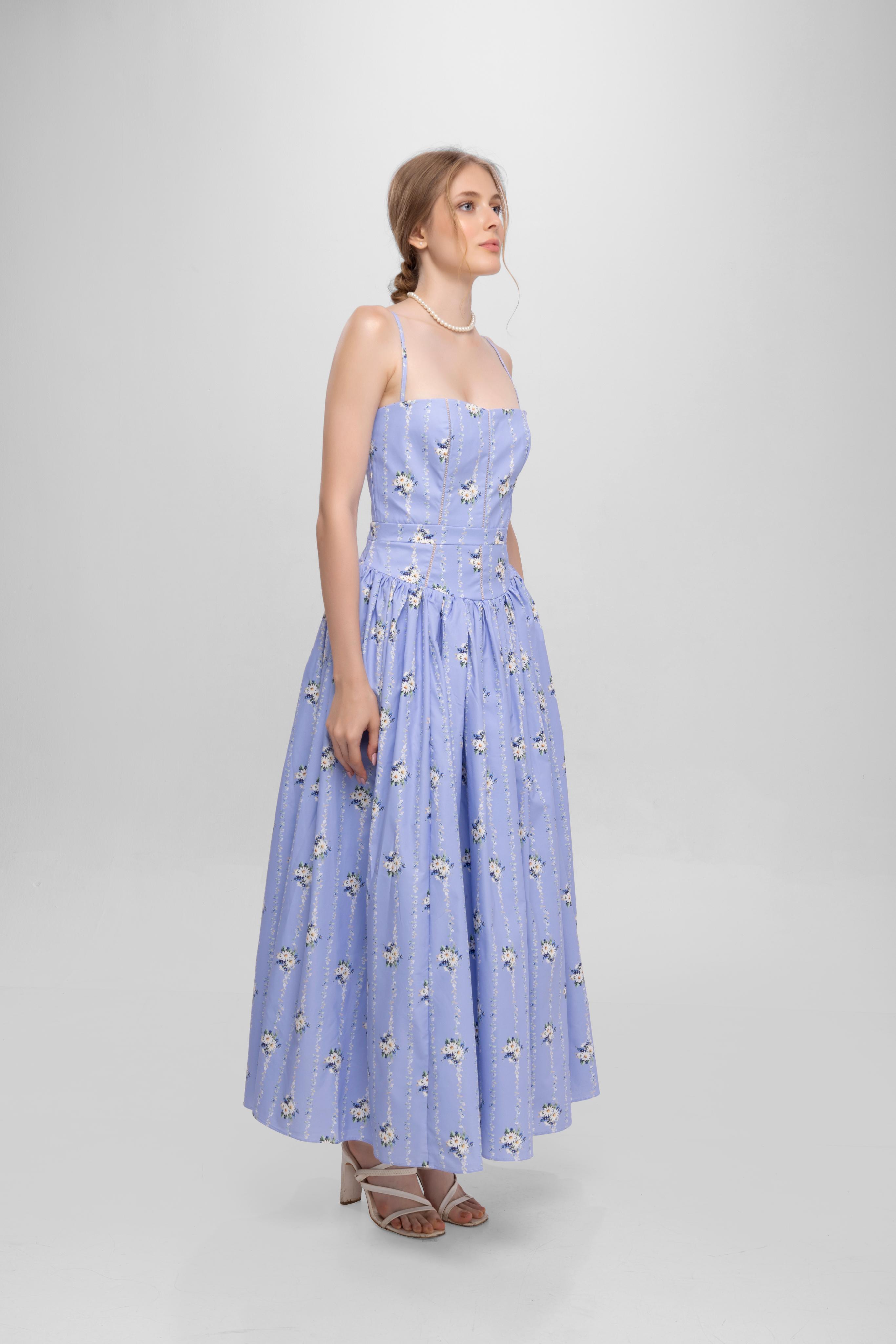 Printed Spaghetti Straps long princess dress Blue