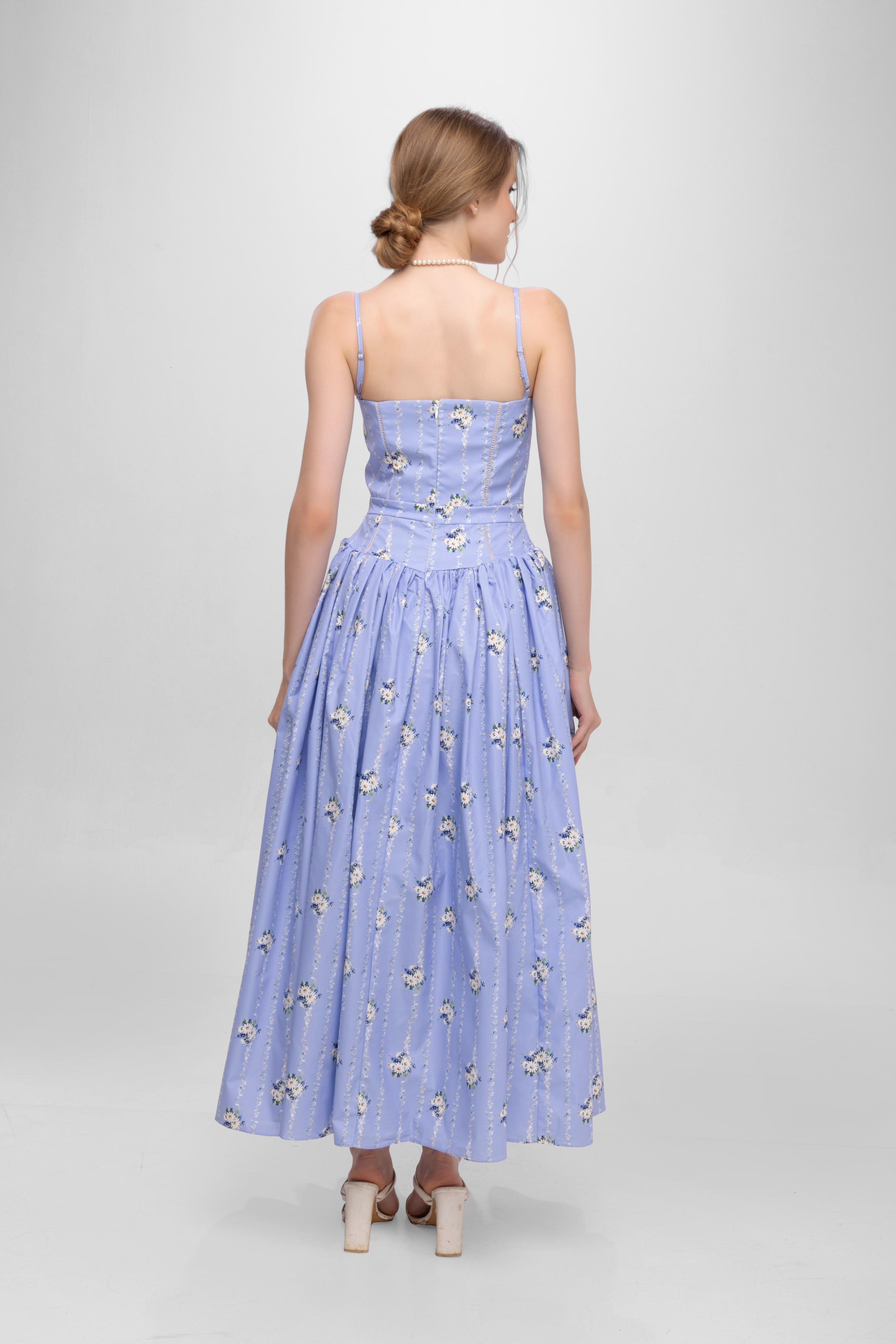 Printed Spaghetti Straps long princess dress Blue