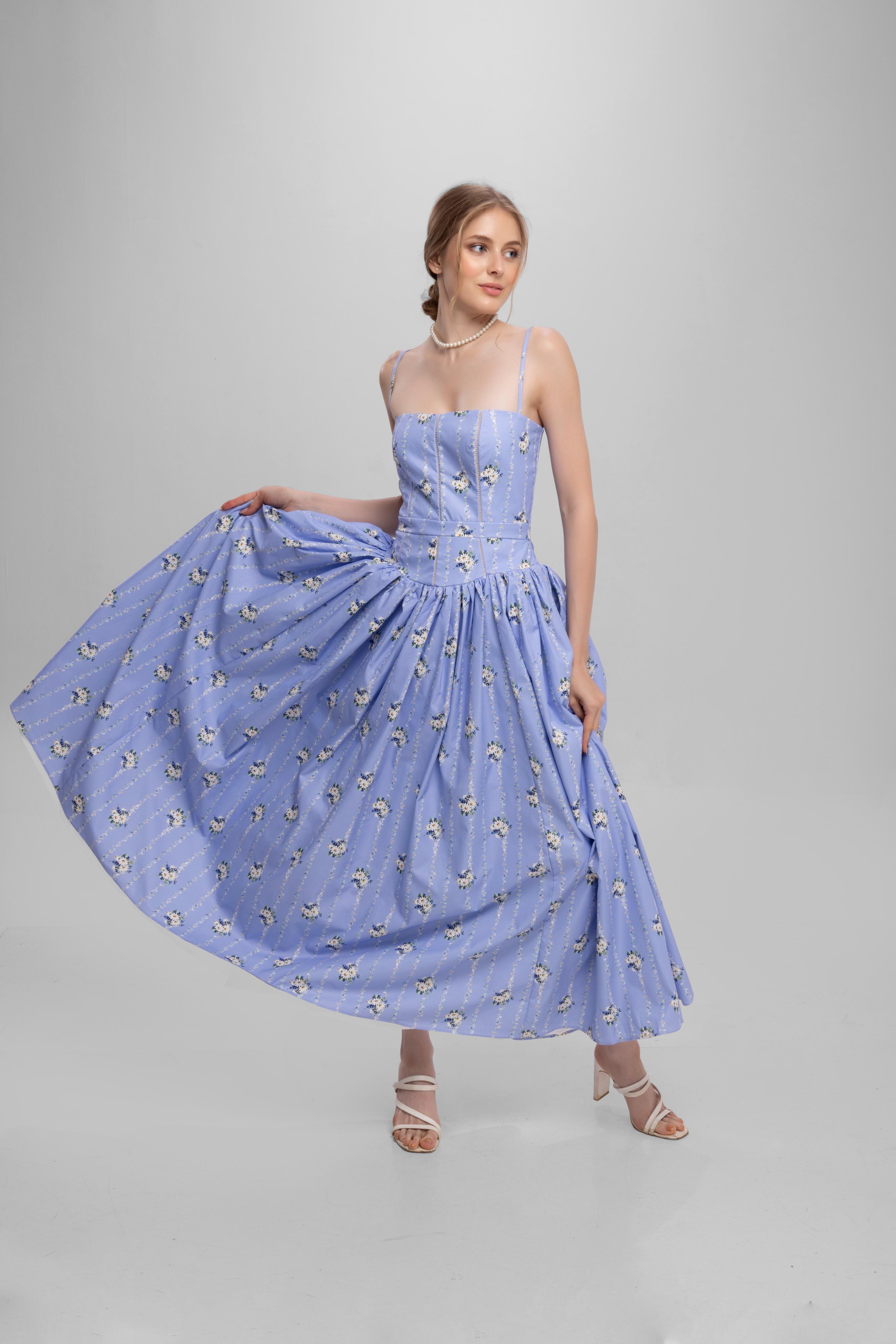 Printed Spaghetti Straps long princess dress Blue
