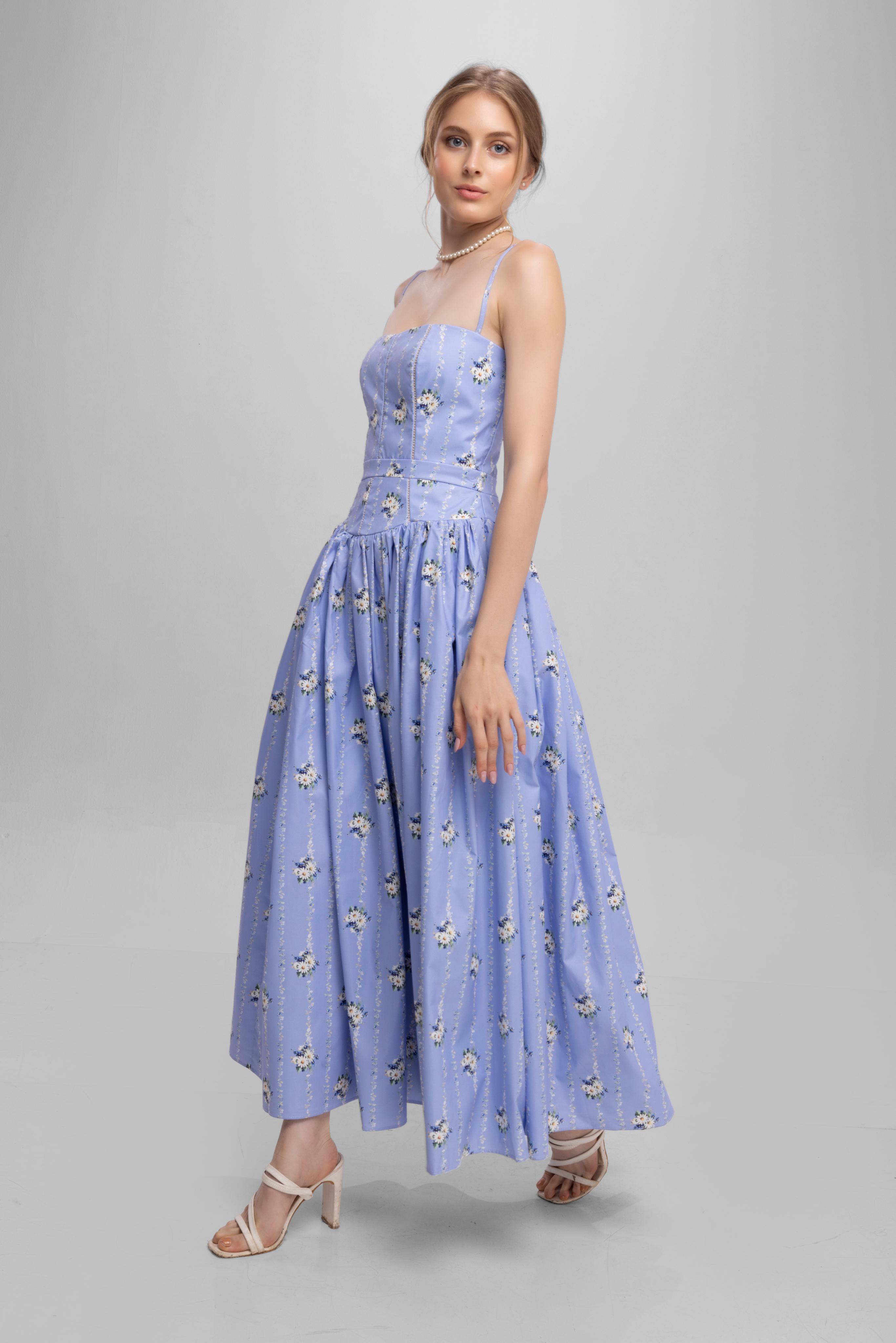 Printed Spaghetti Straps long princess dress Blue