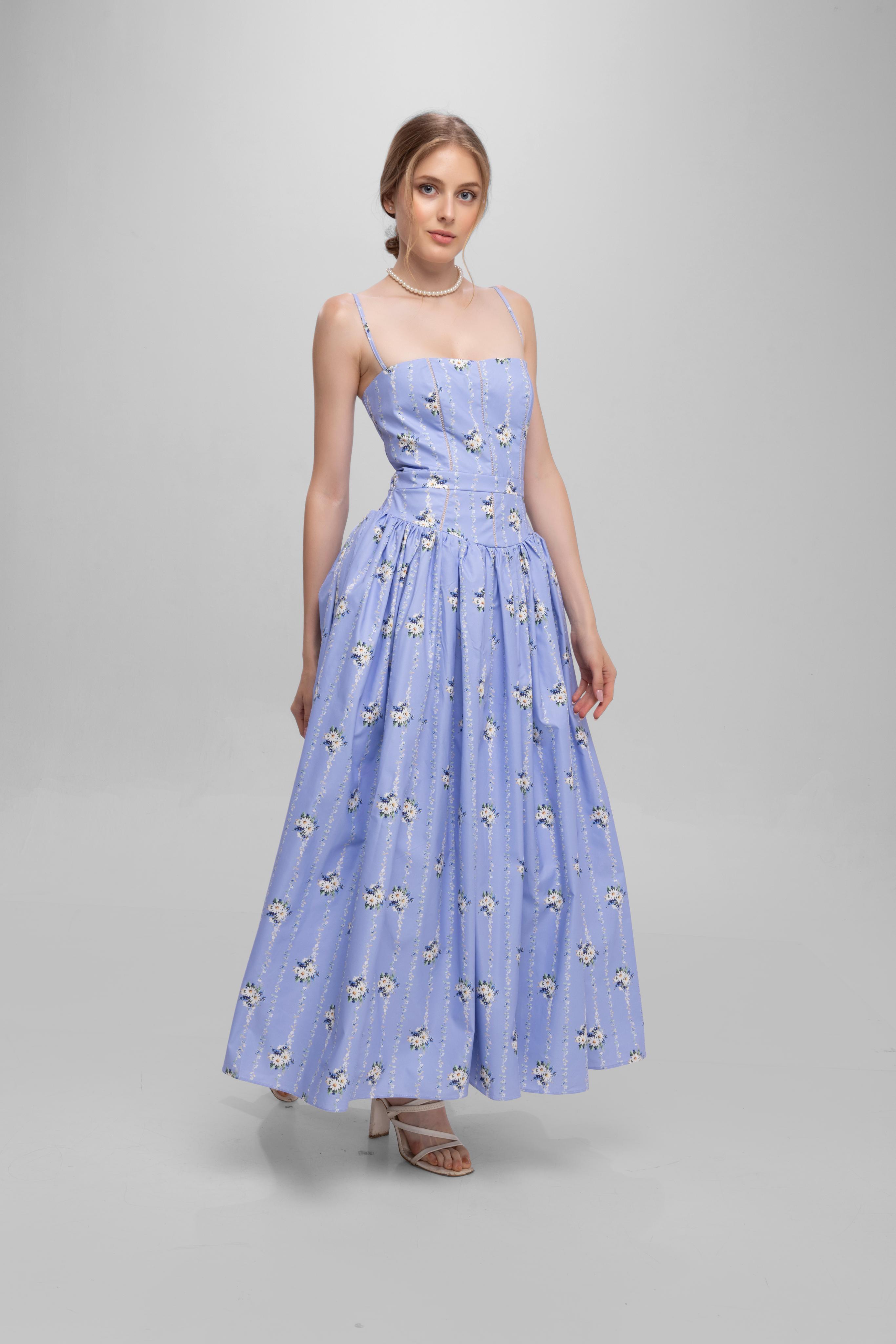 Printed Spaghetti Straps long princess dress Blue