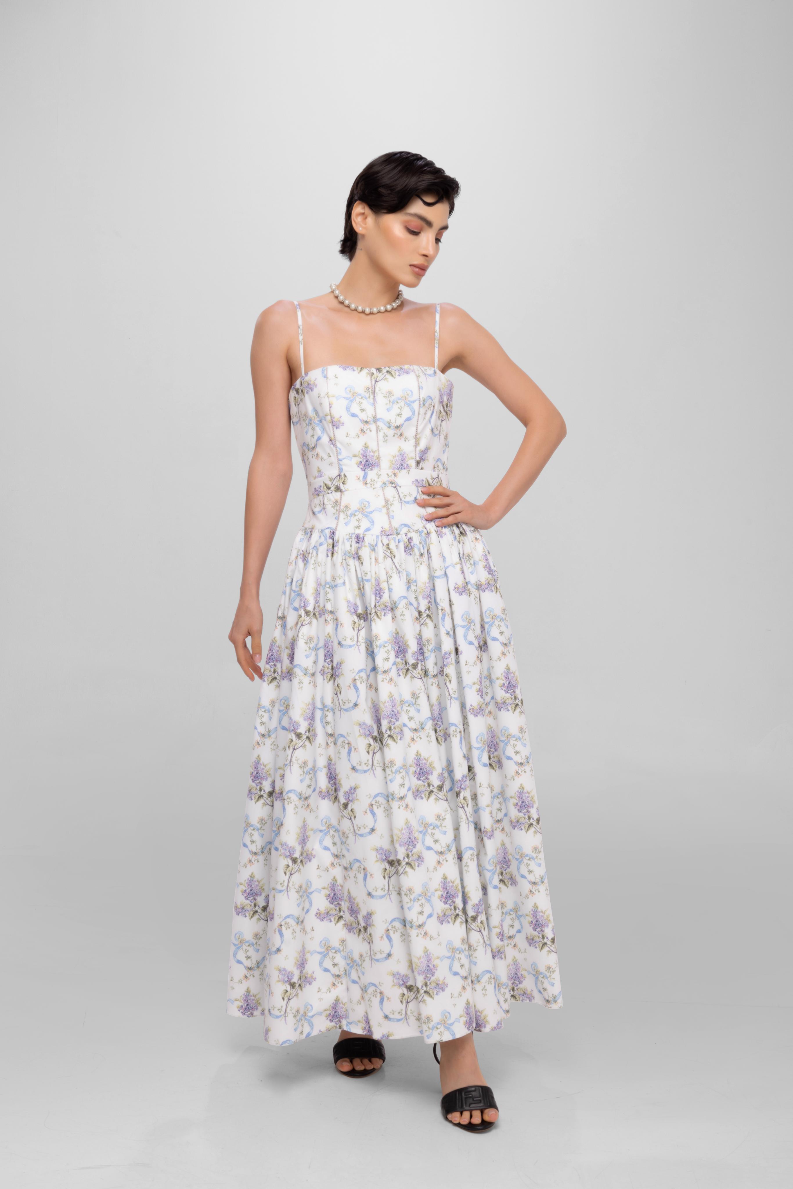 Printed Spaghetti Straps long princess dress White