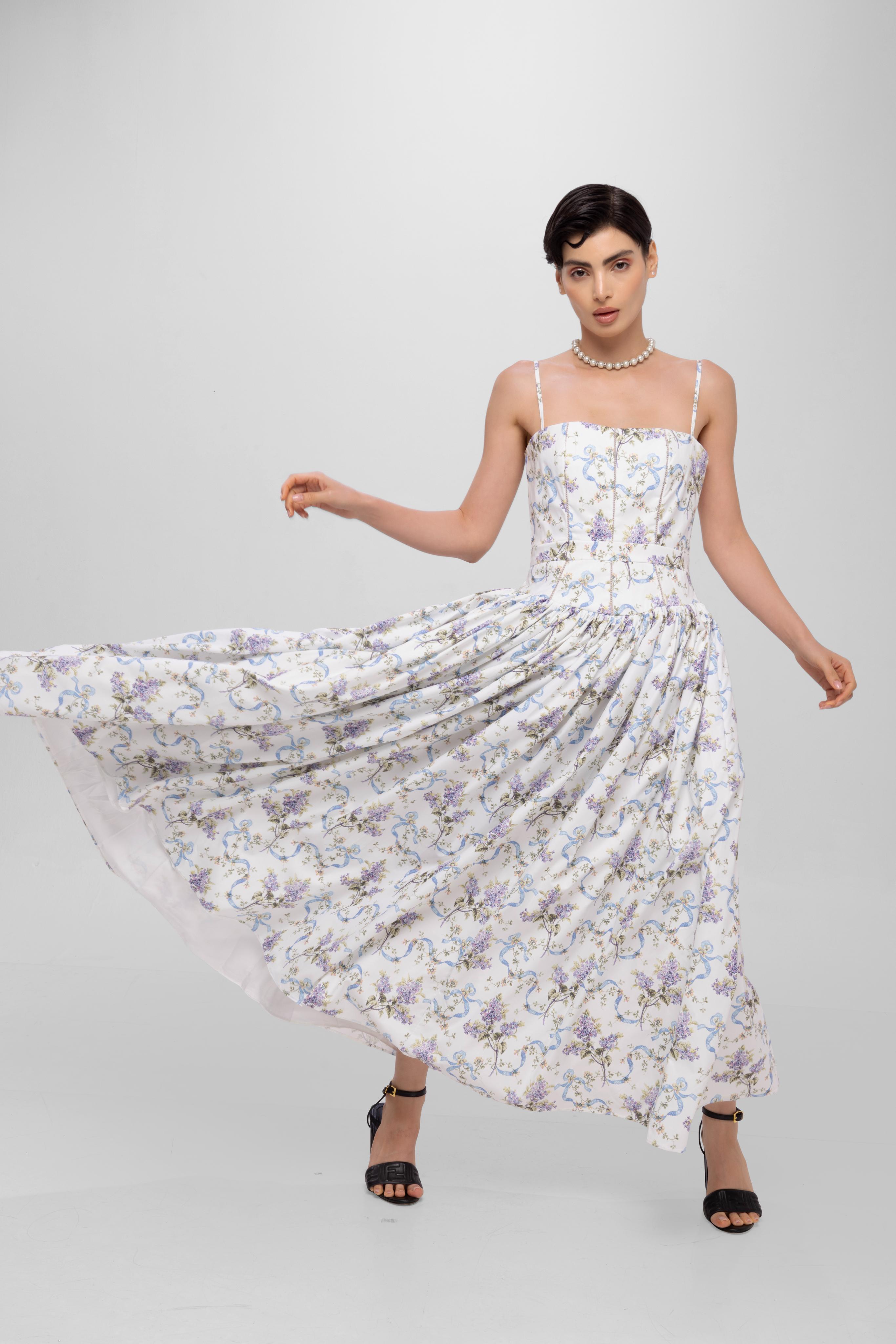 Printed Spaghetti Straps long princess dress White