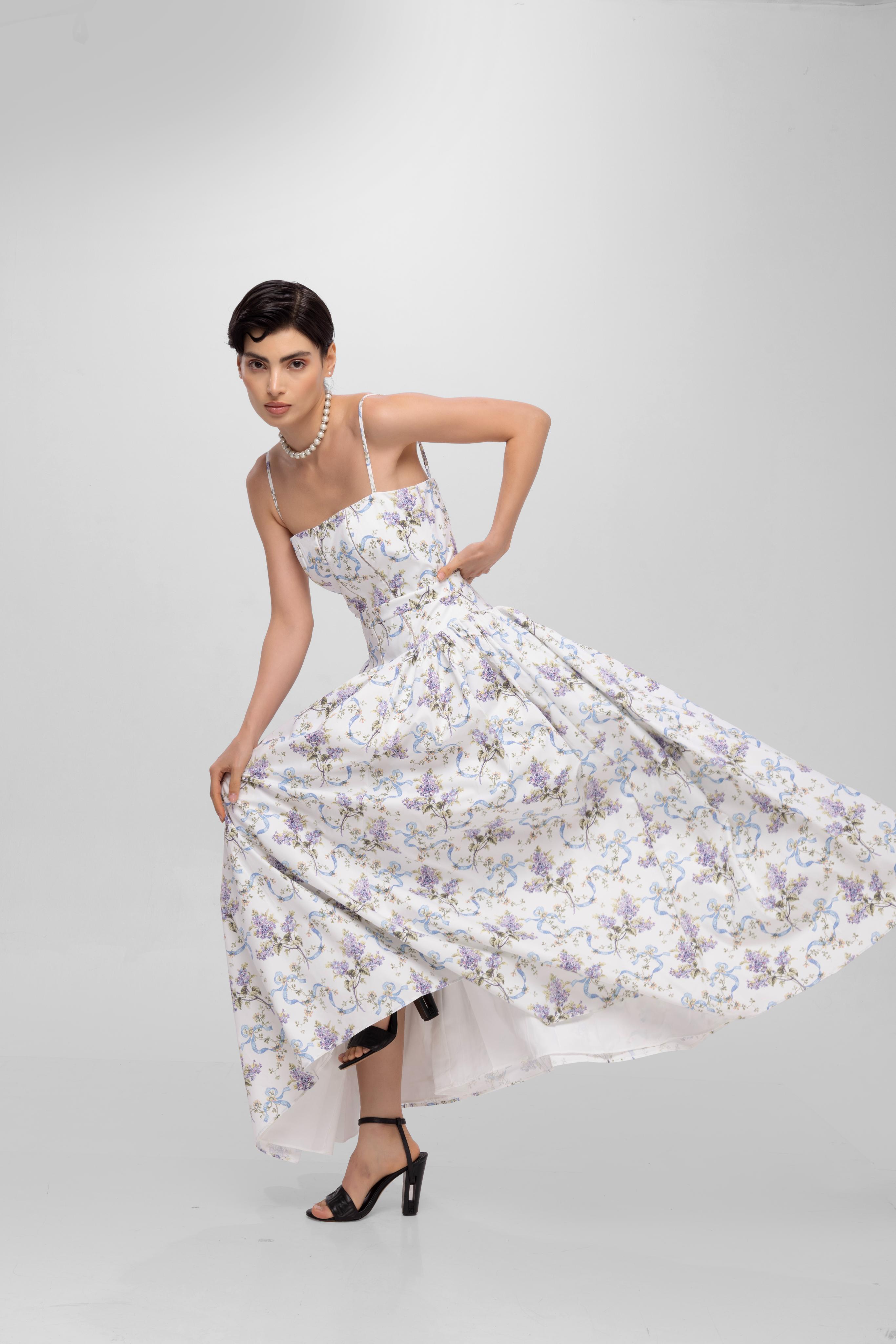 Printed Spaghetti Straps long princess dress White