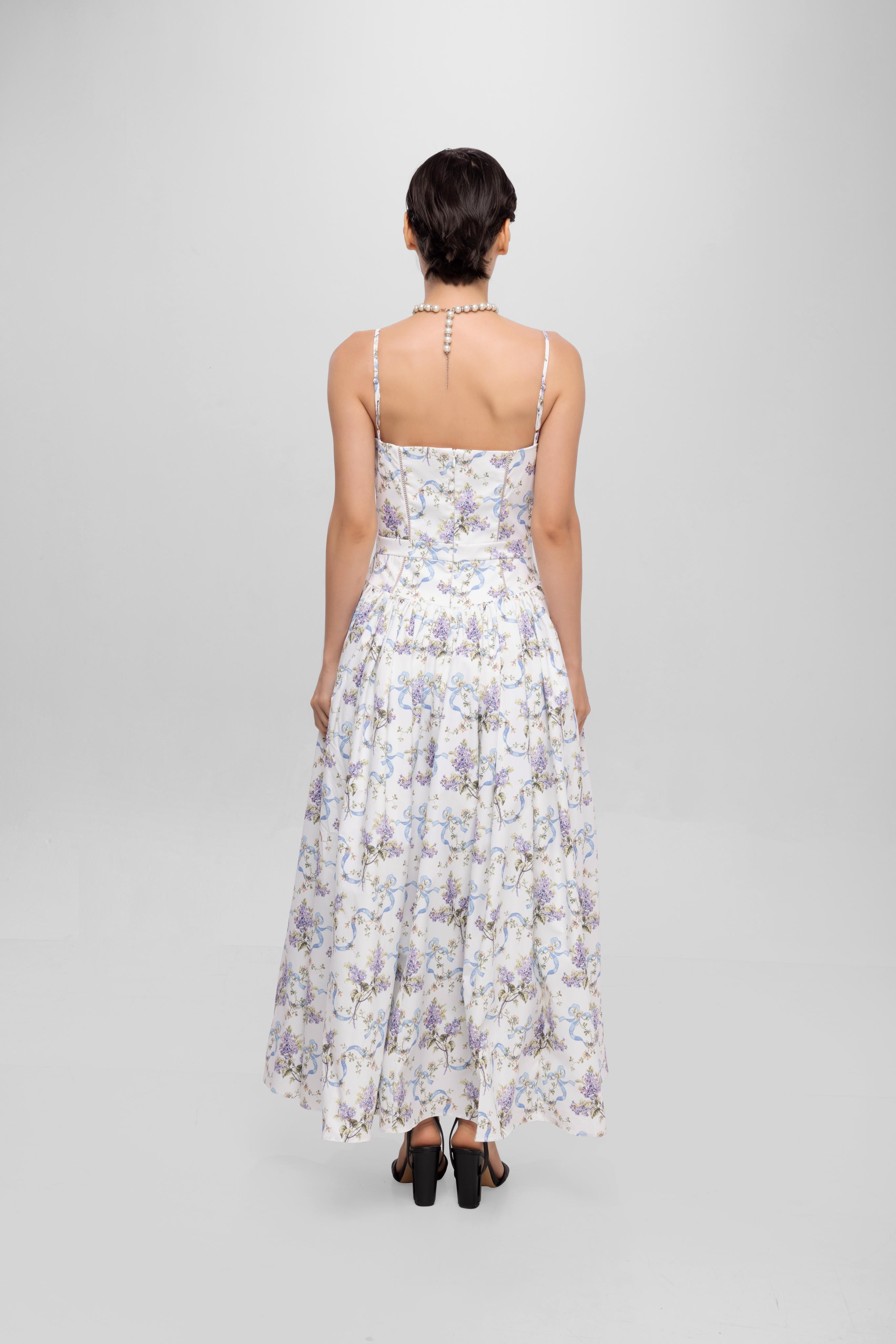Printed Spaghetti Straps long princess dress White
