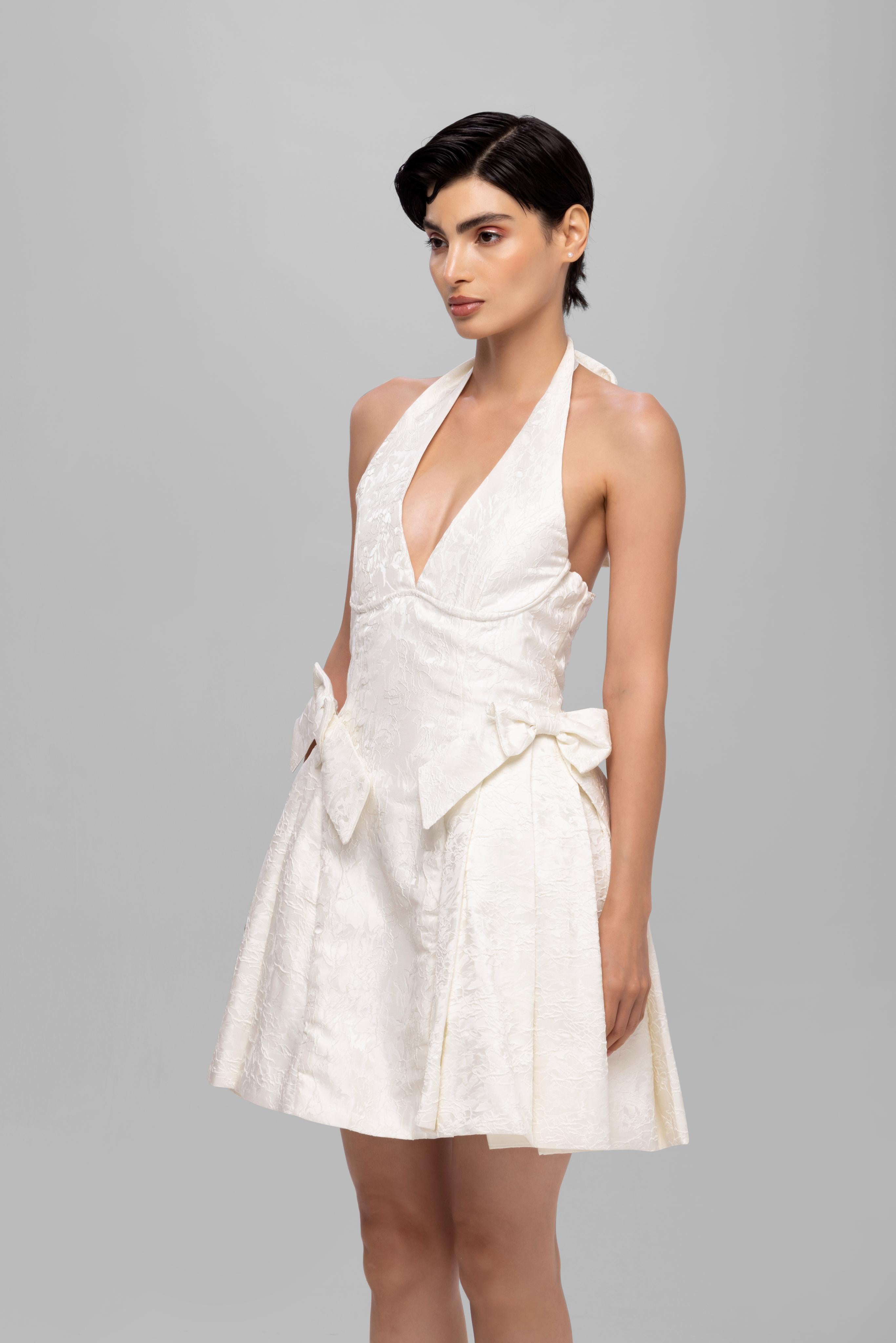 Jecquard solid halter neck princess short dress White