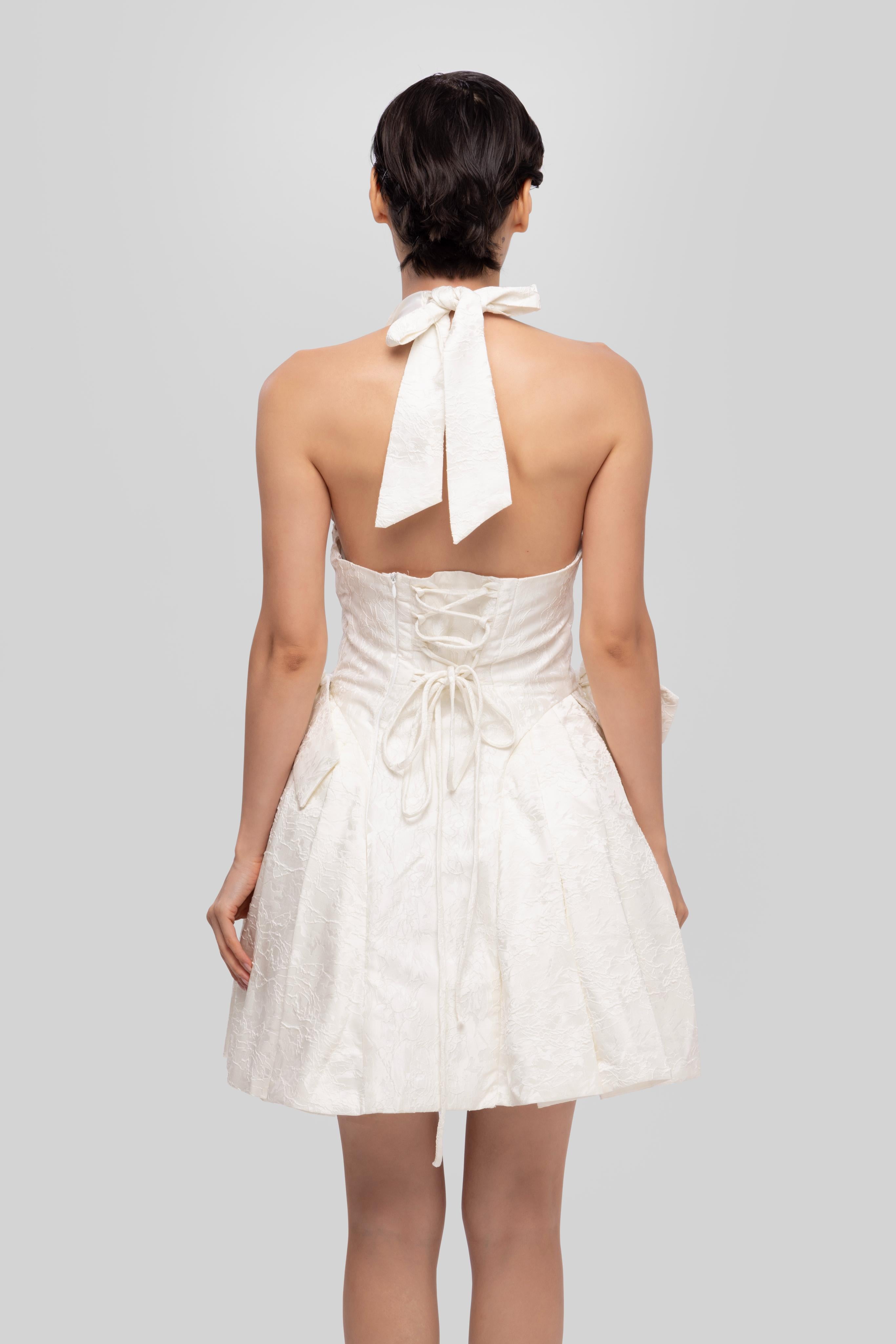 Jecquard solid halter neck princess short dress White