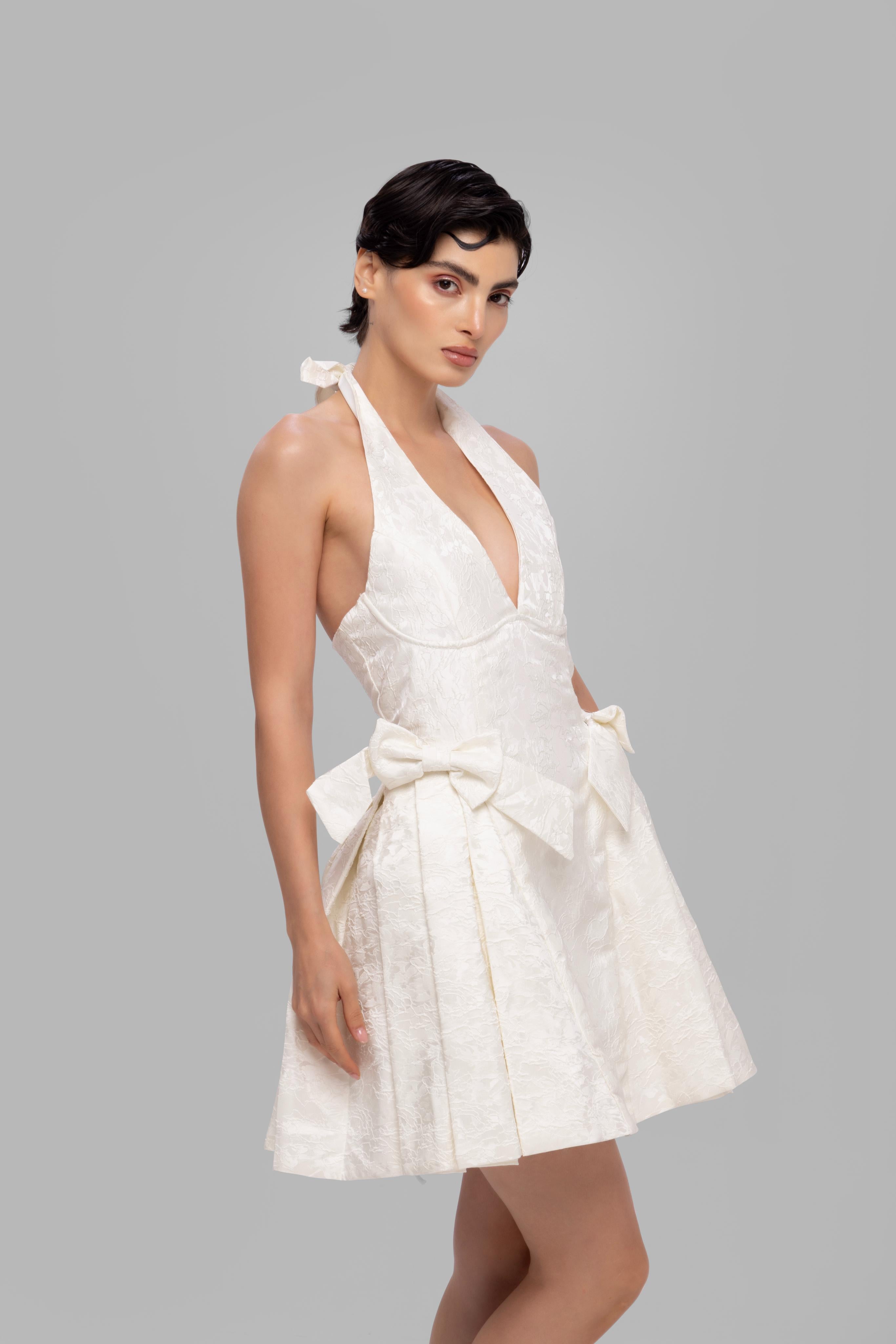 Jecquard solid halter neck princess short dress White