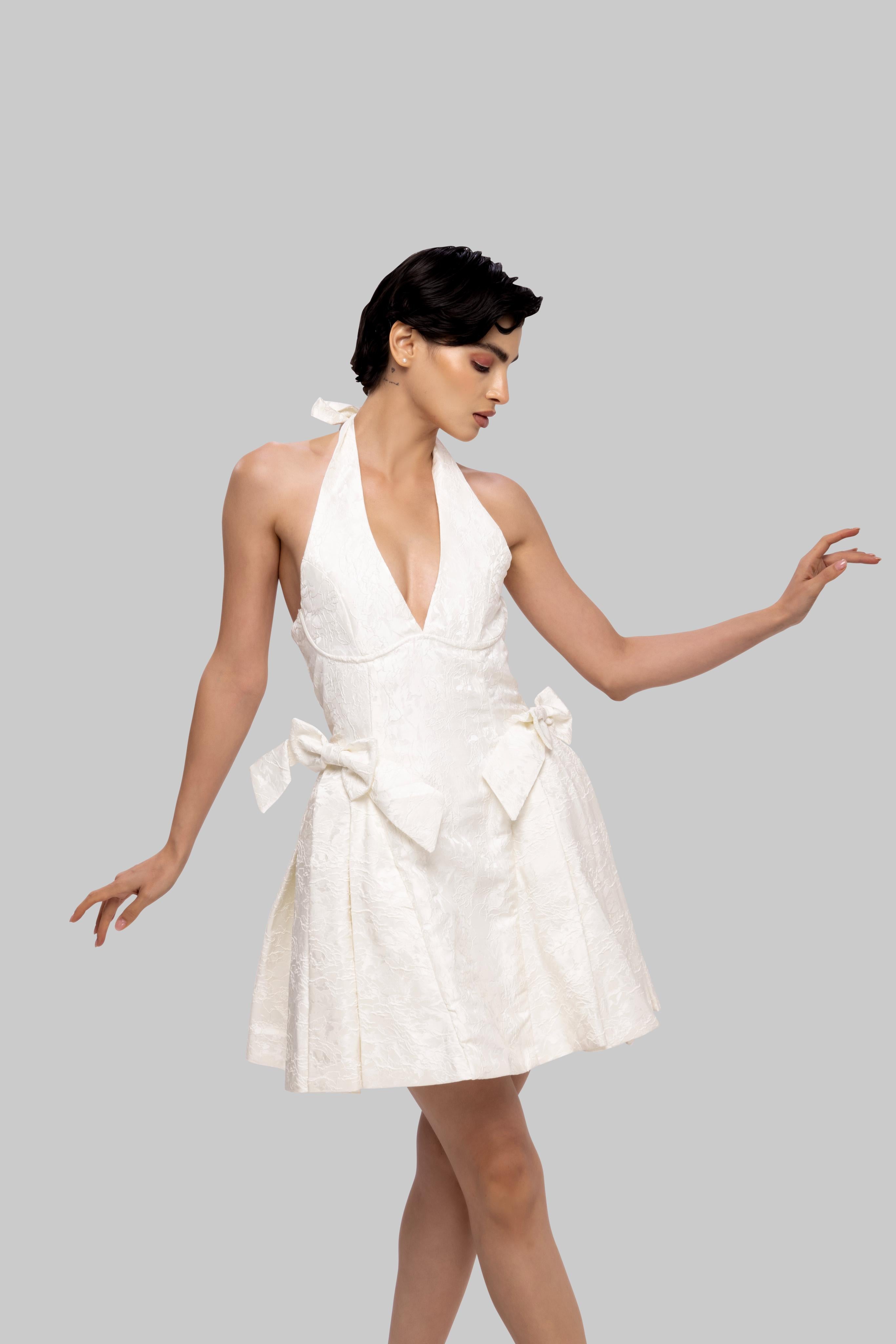 Jecquard solid halter neck princess short dress White