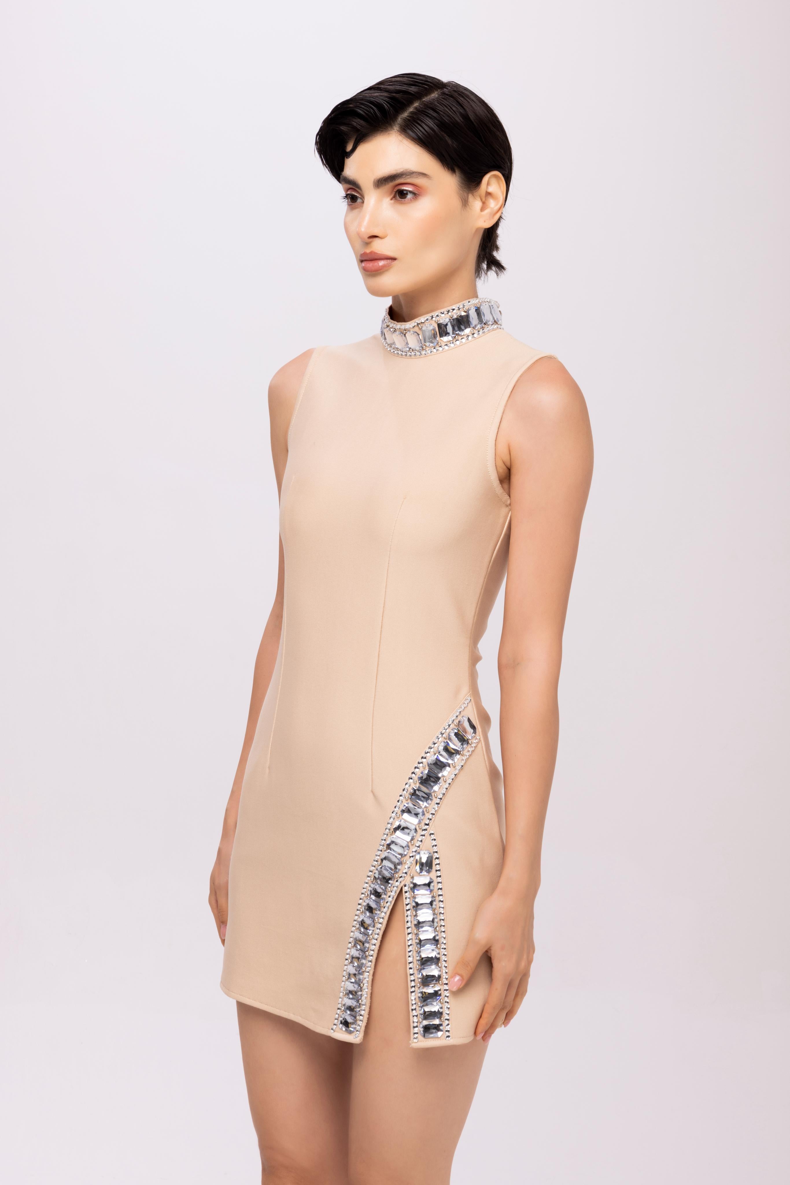 Mock neck Rhinestone sleeve less mini dress Beige