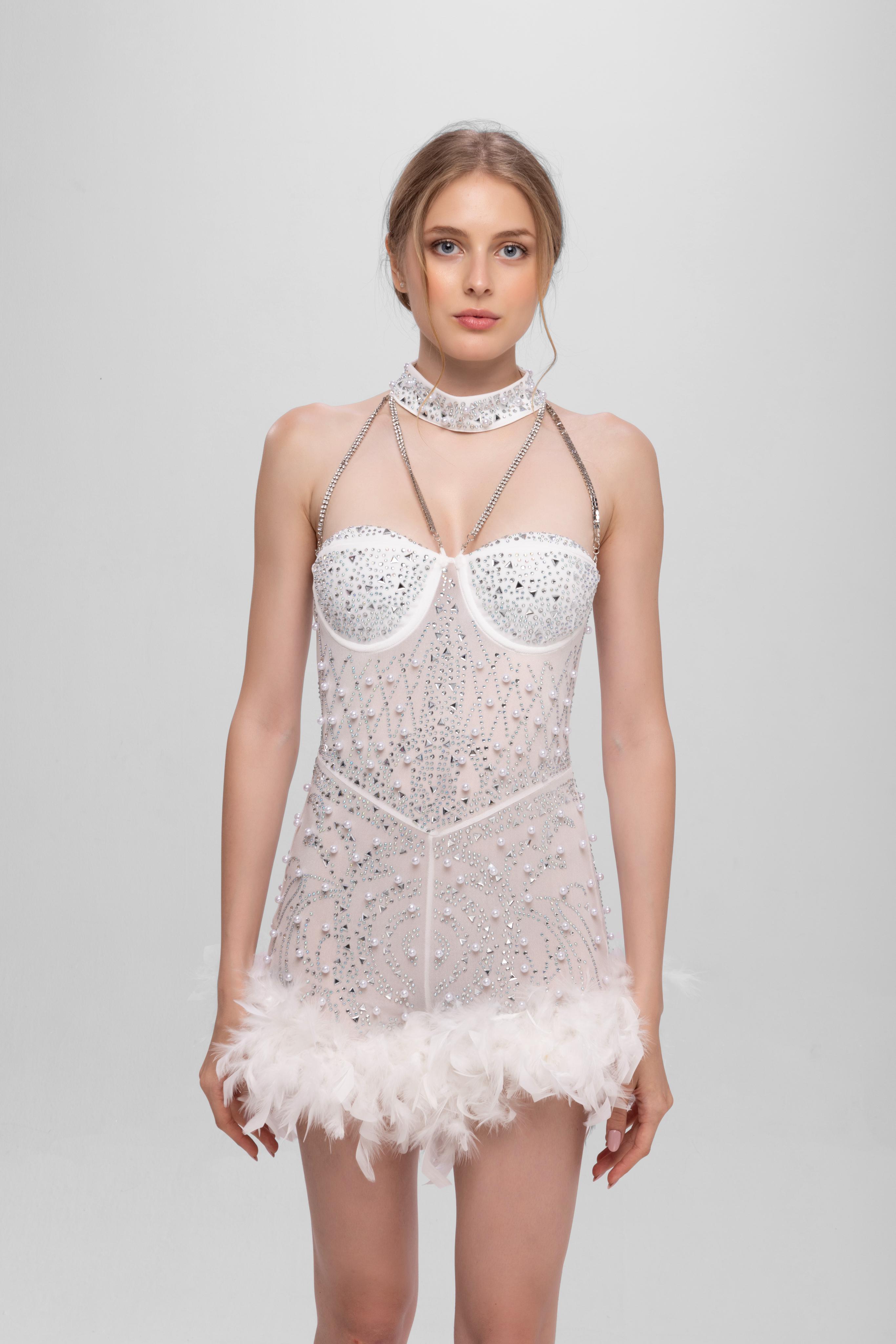 Embellished romper with feather White