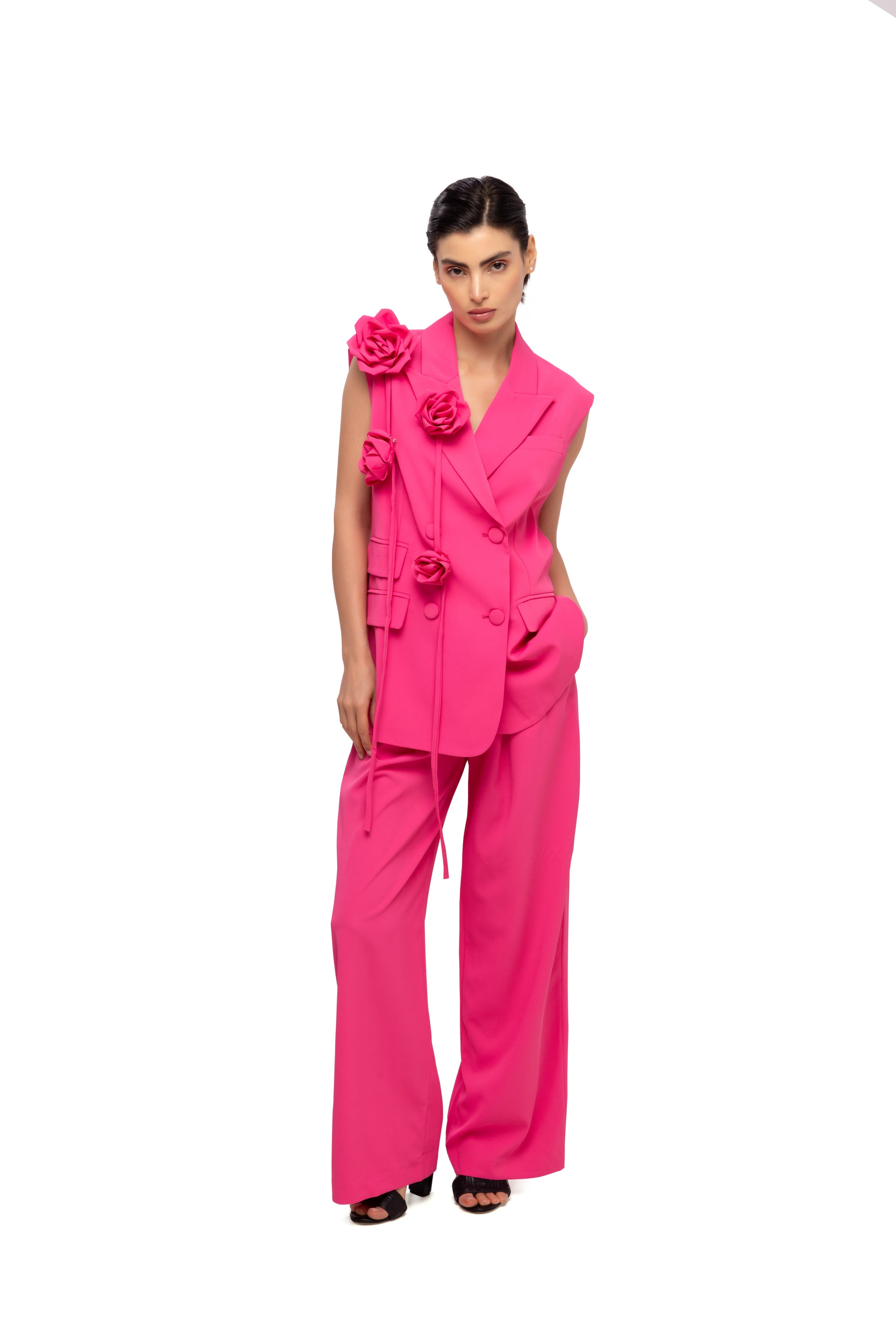 Solid fully lined sleeveless button closer suit set Pink
