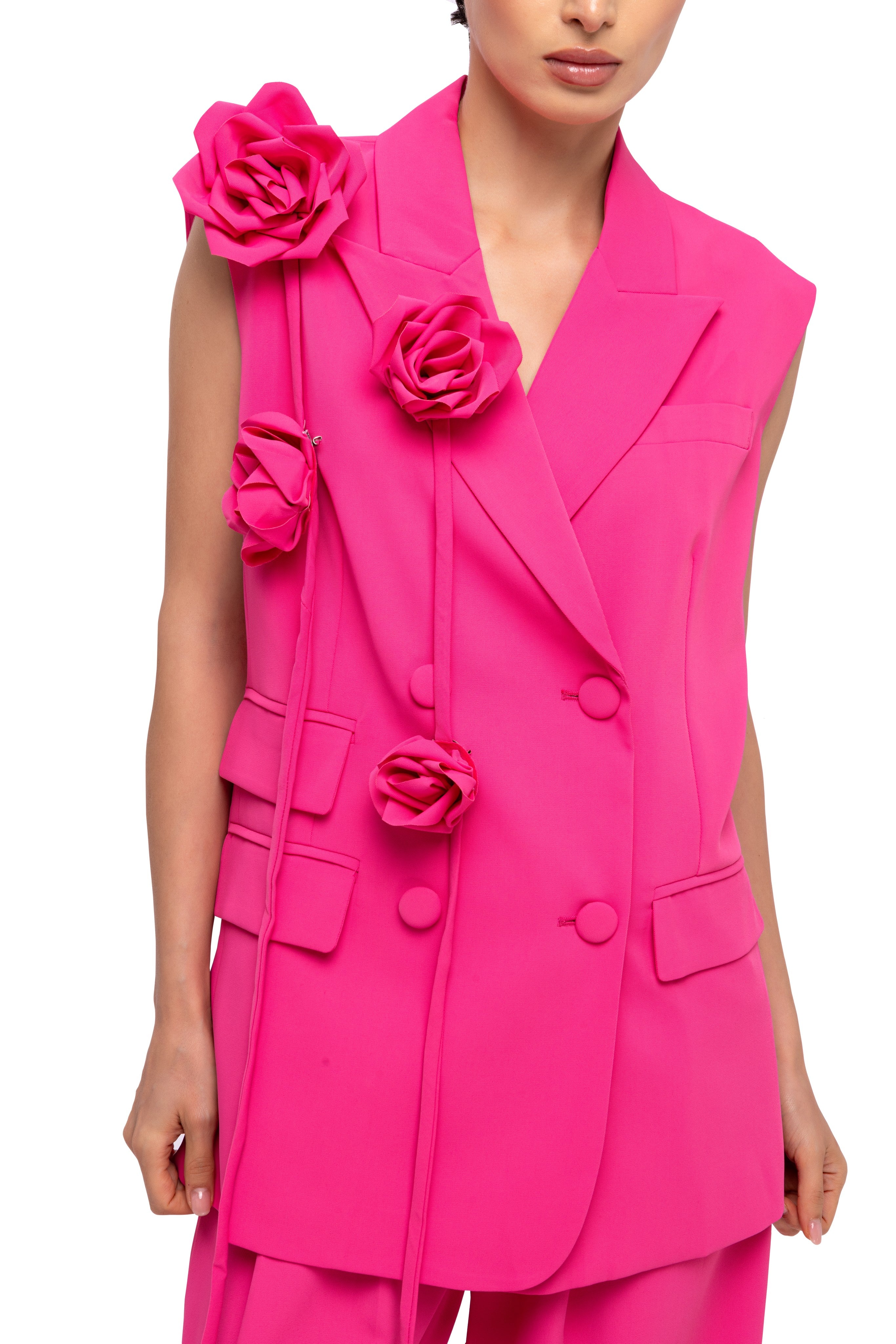 Solid fully lined sleeveless button closer suit set Pink
