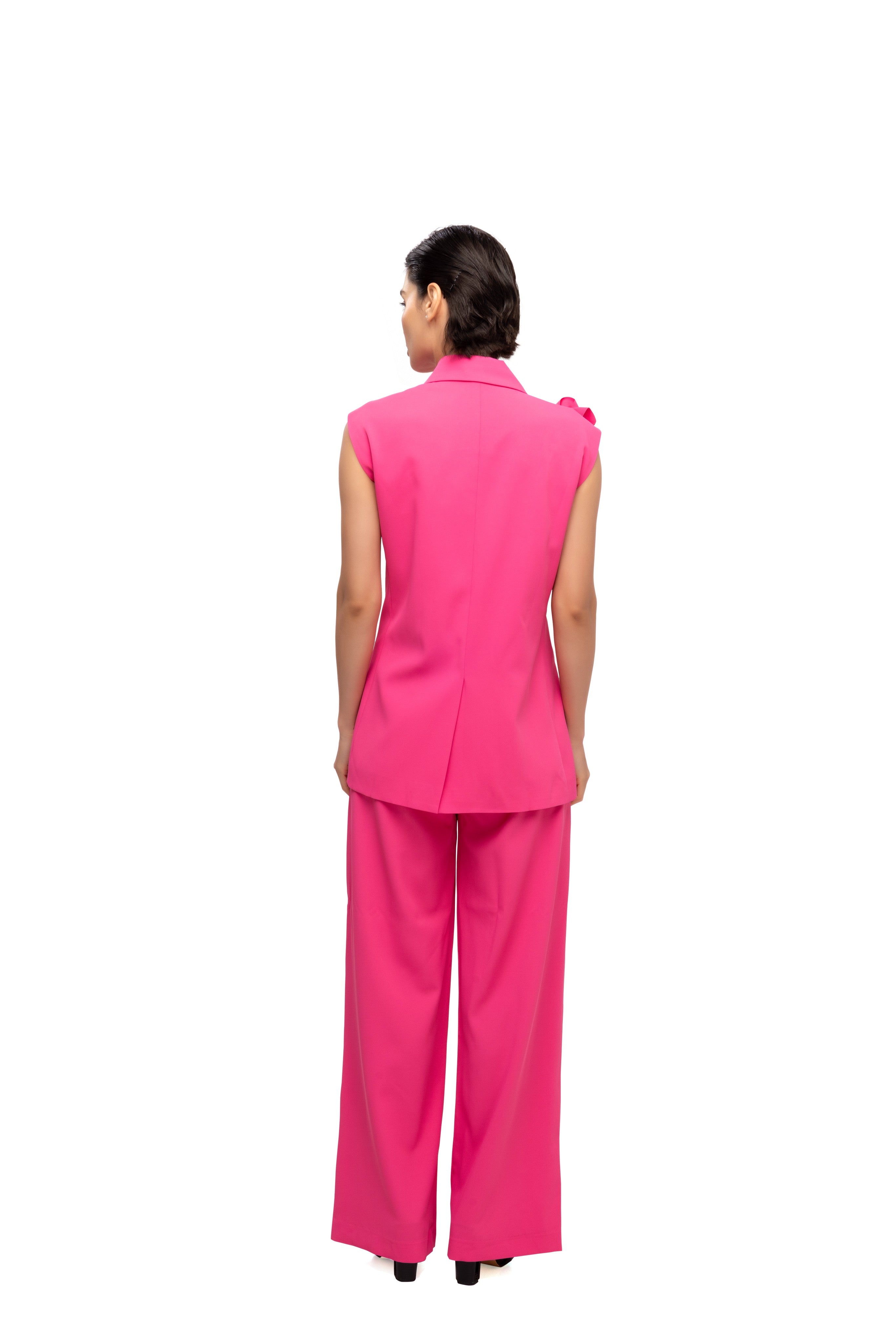 Solid fully lined sleeveless button closer suit set Pink