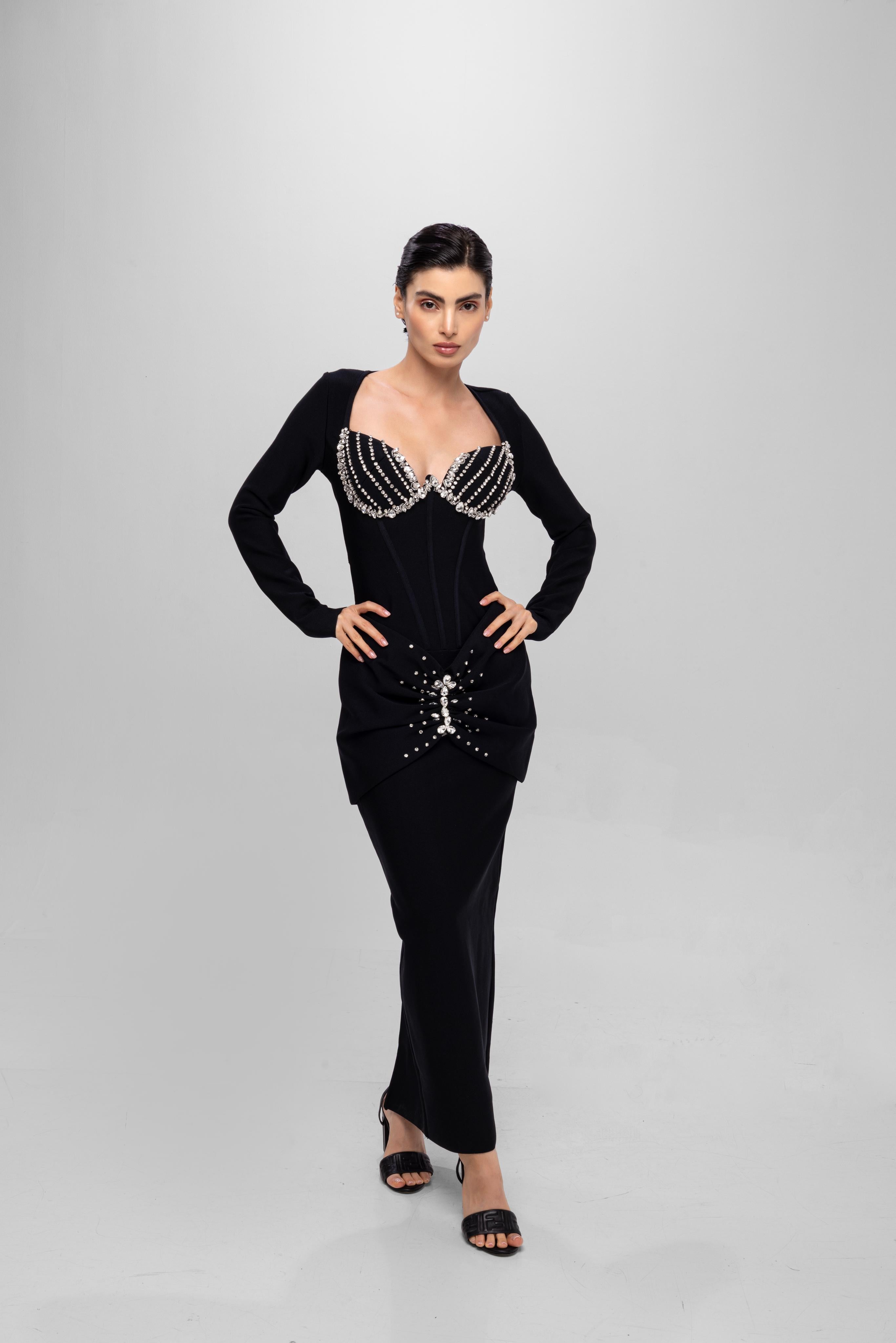 Black solid long square neckFull sleeve bandage rhinestone dress