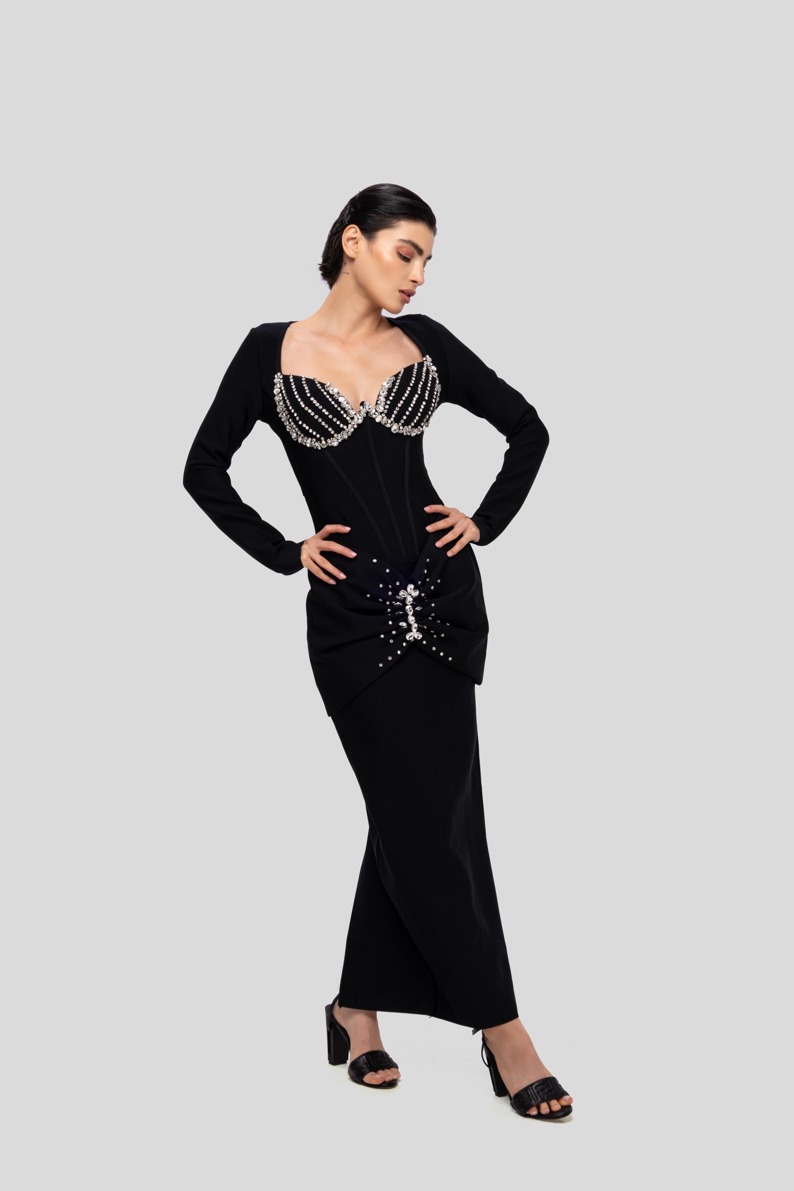 Black solid long square neckFull sleeve bandage rhinestone dress