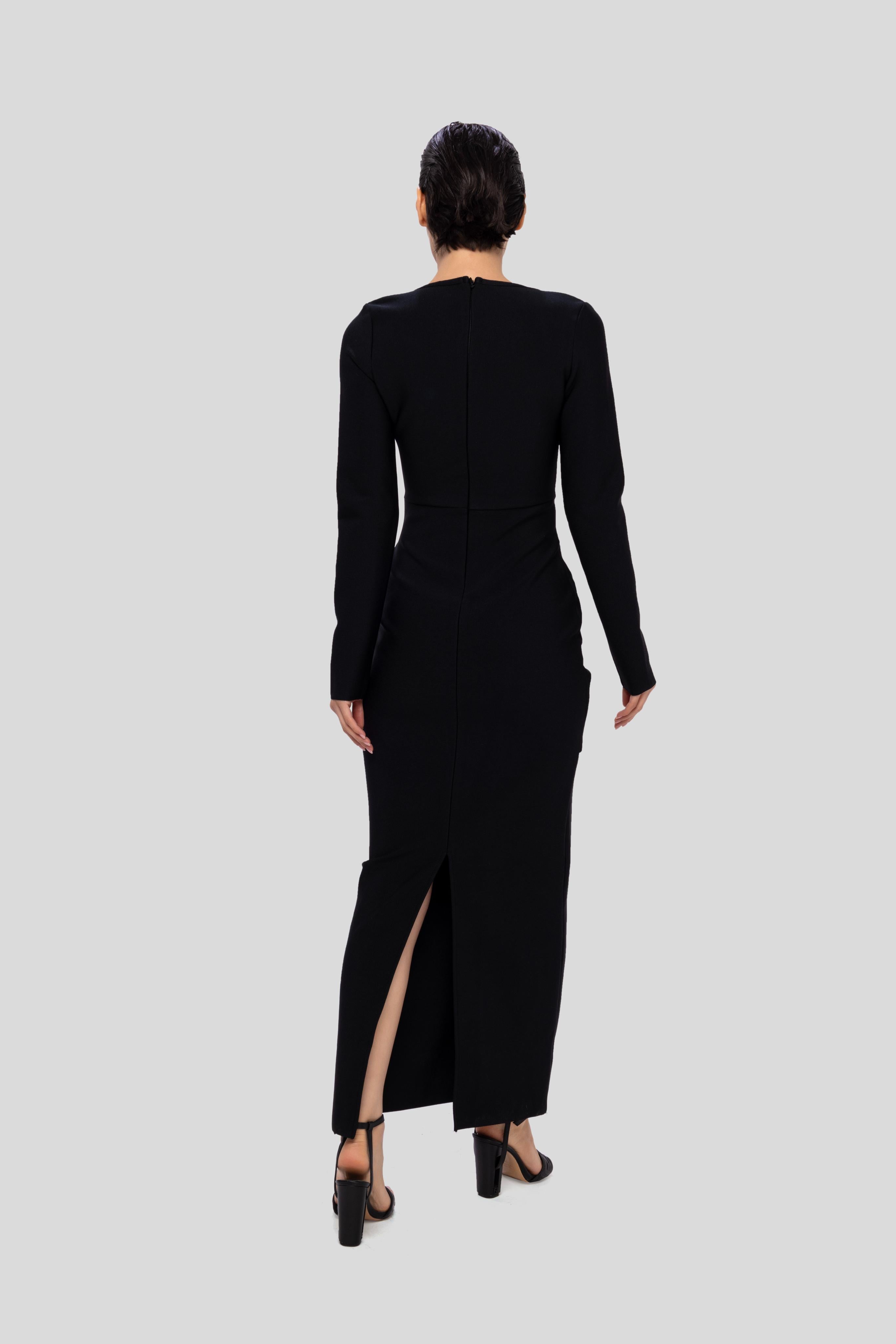 Black solid long square neckFull sleeve bandage rhinestone dress