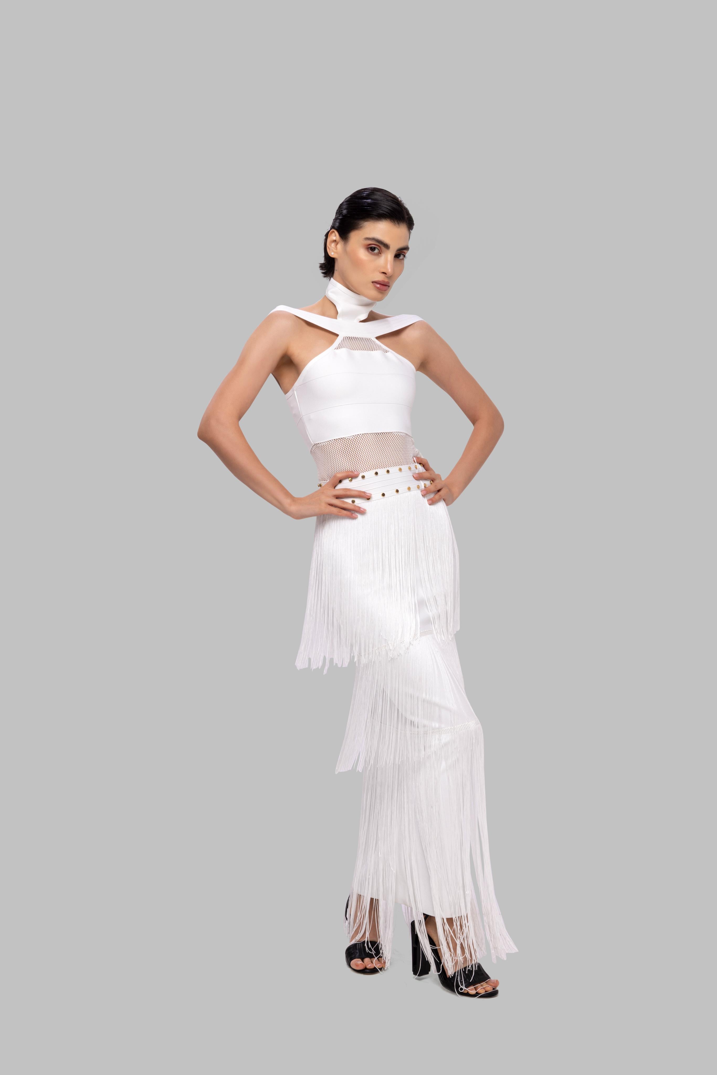 White solid long high neck off shoulder sleeveless bandage frill lace dress