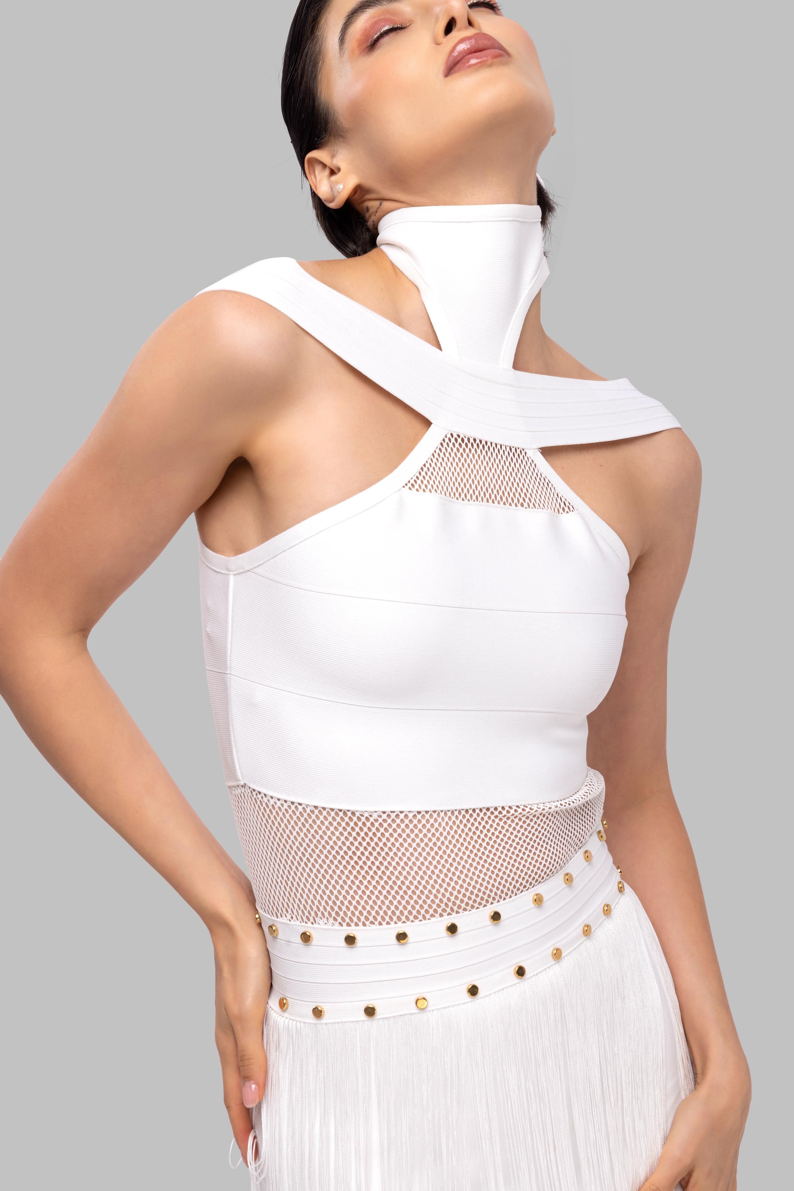 White solid long high neck off shoulder sleeveless bandage frill lace dress