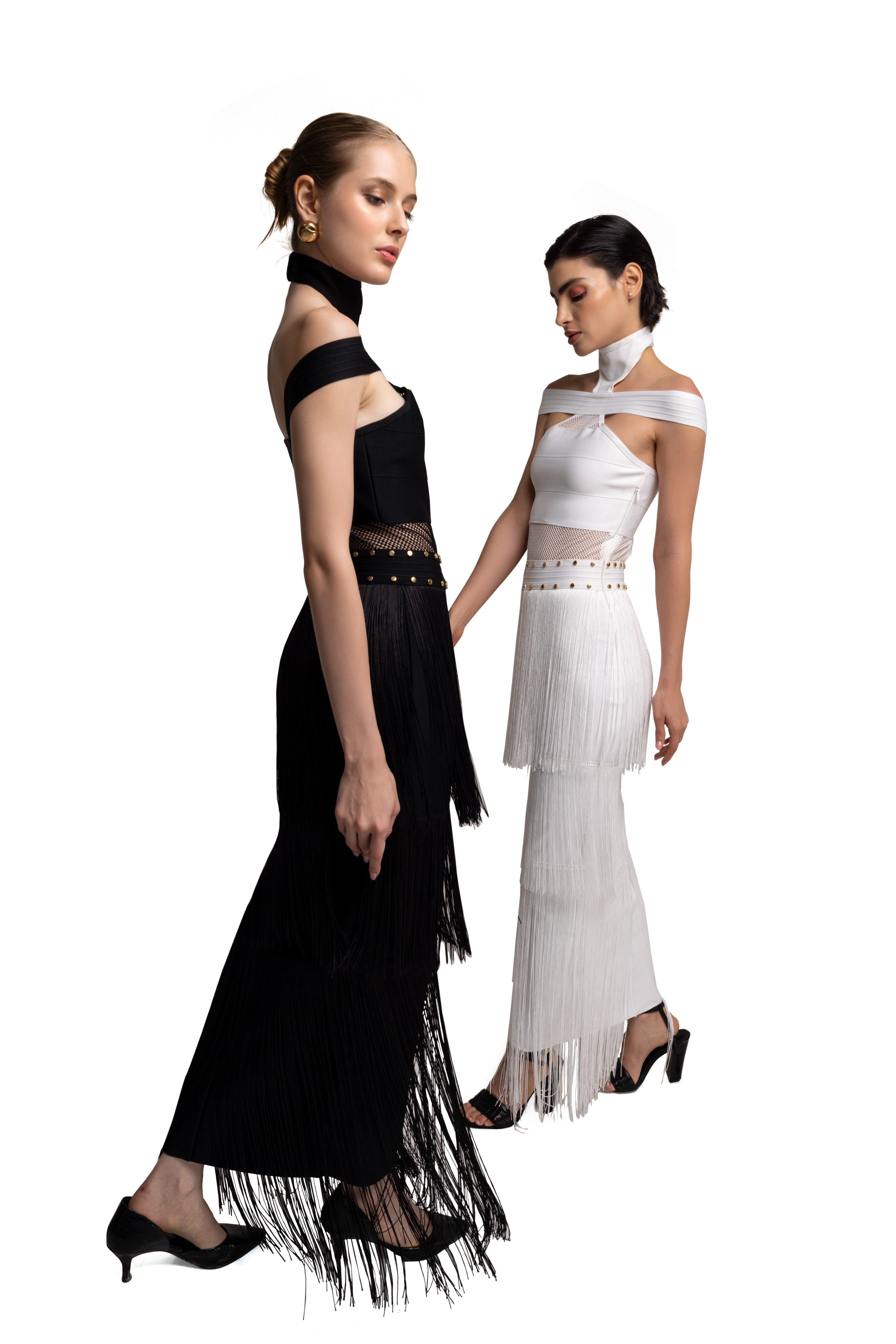 Black solid long high neck off shoulder sleeveless bandage frill lace dress