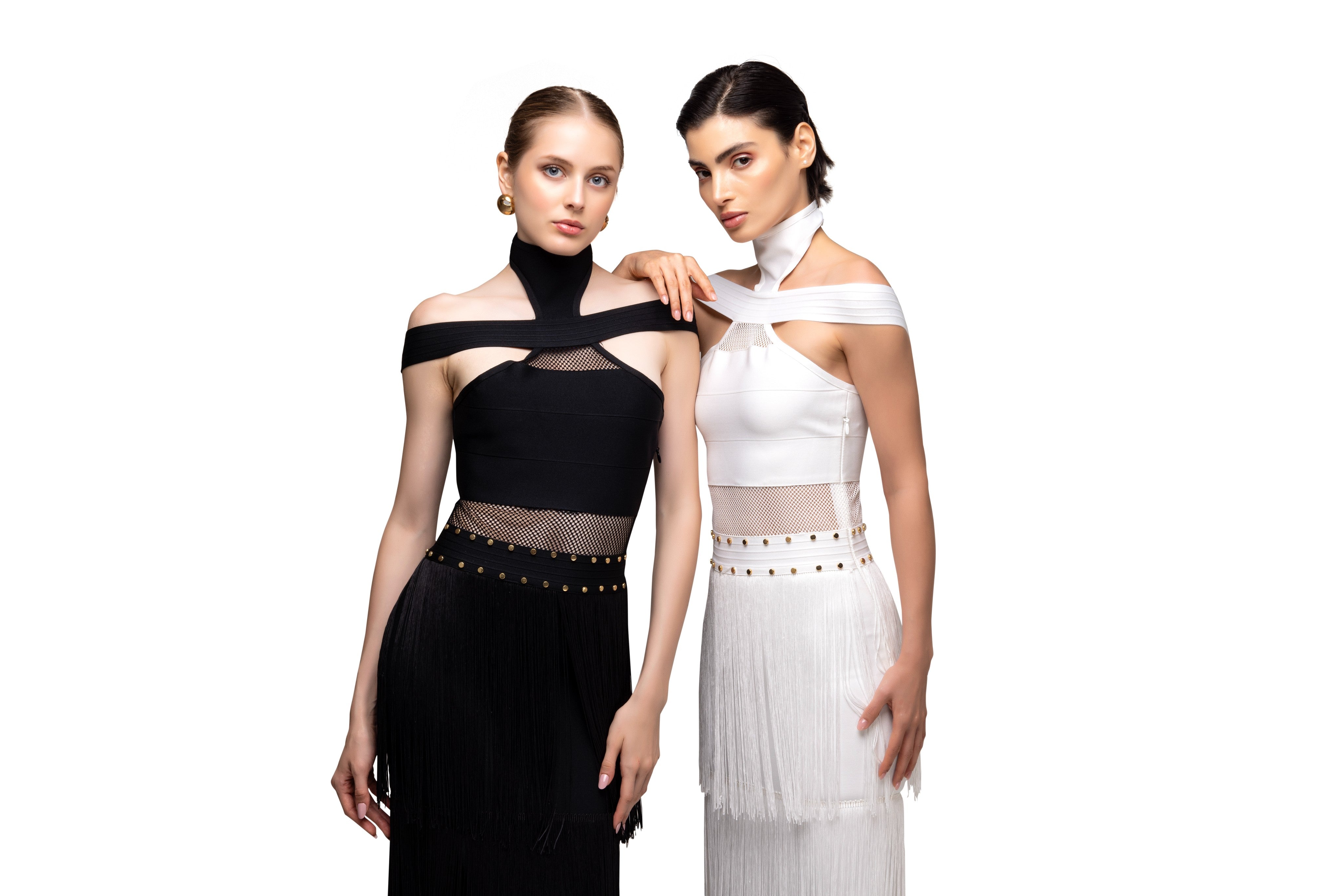 Black solid long high neck off shoulder sleeveless bandage frill lace dress