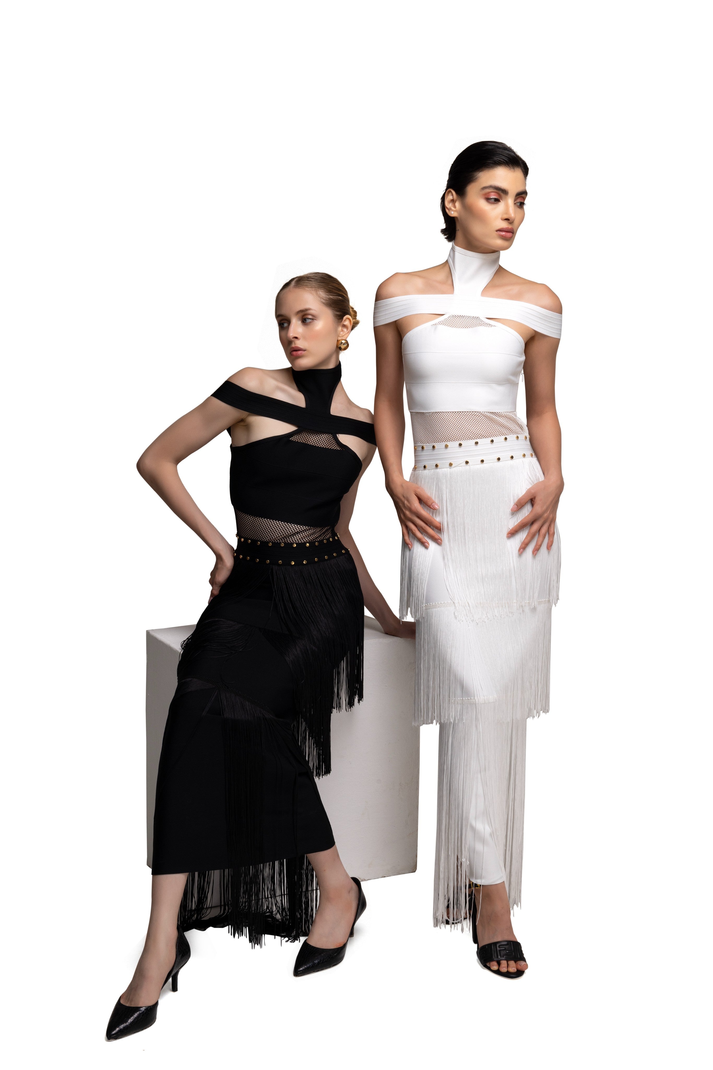 Black solid long high neck off shoulder sleeveless bandage frill lace dress