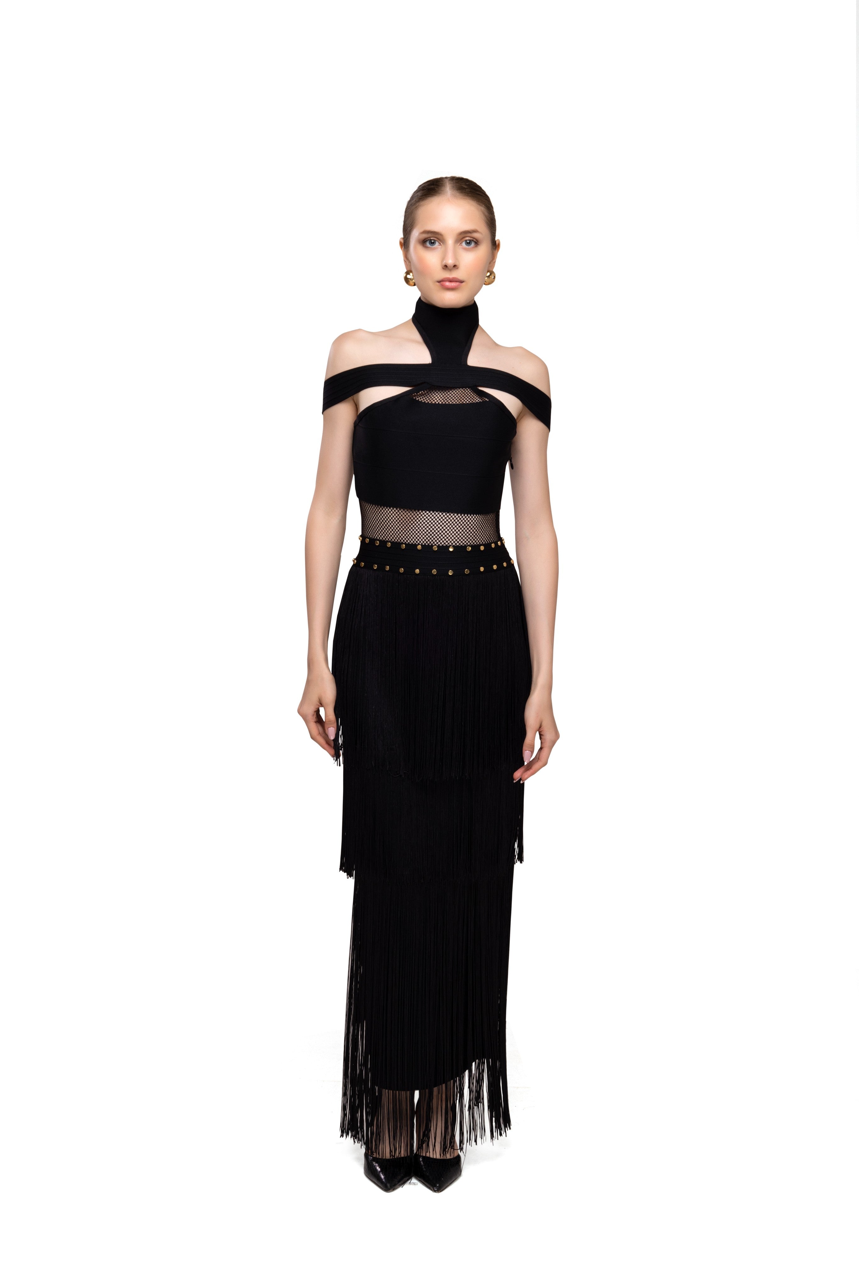 Black solid long high neck off shoulder sleeveless bandage frill lace dress
