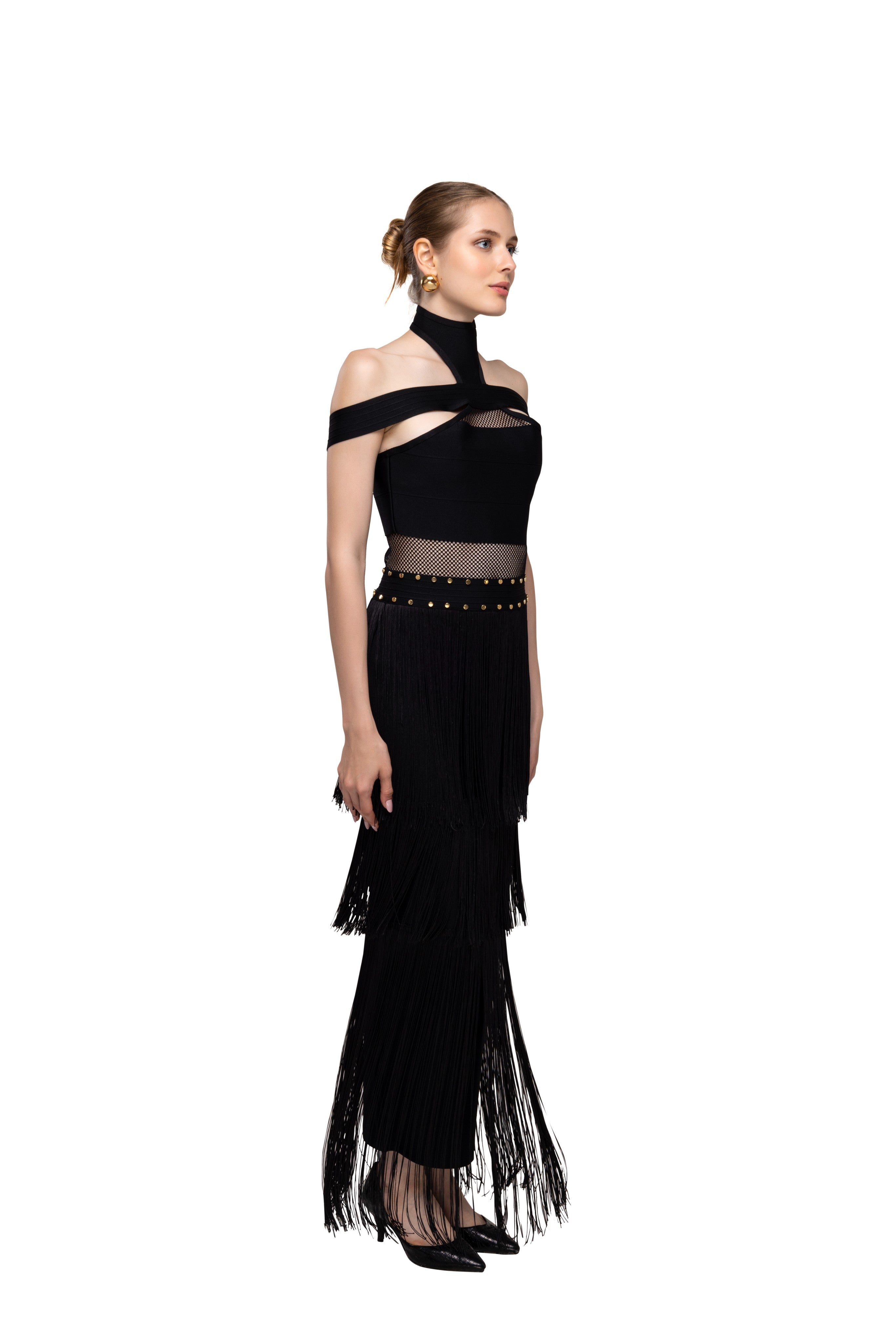 Black solid long high neck off shoulder sleeveless bandage frill lace dress