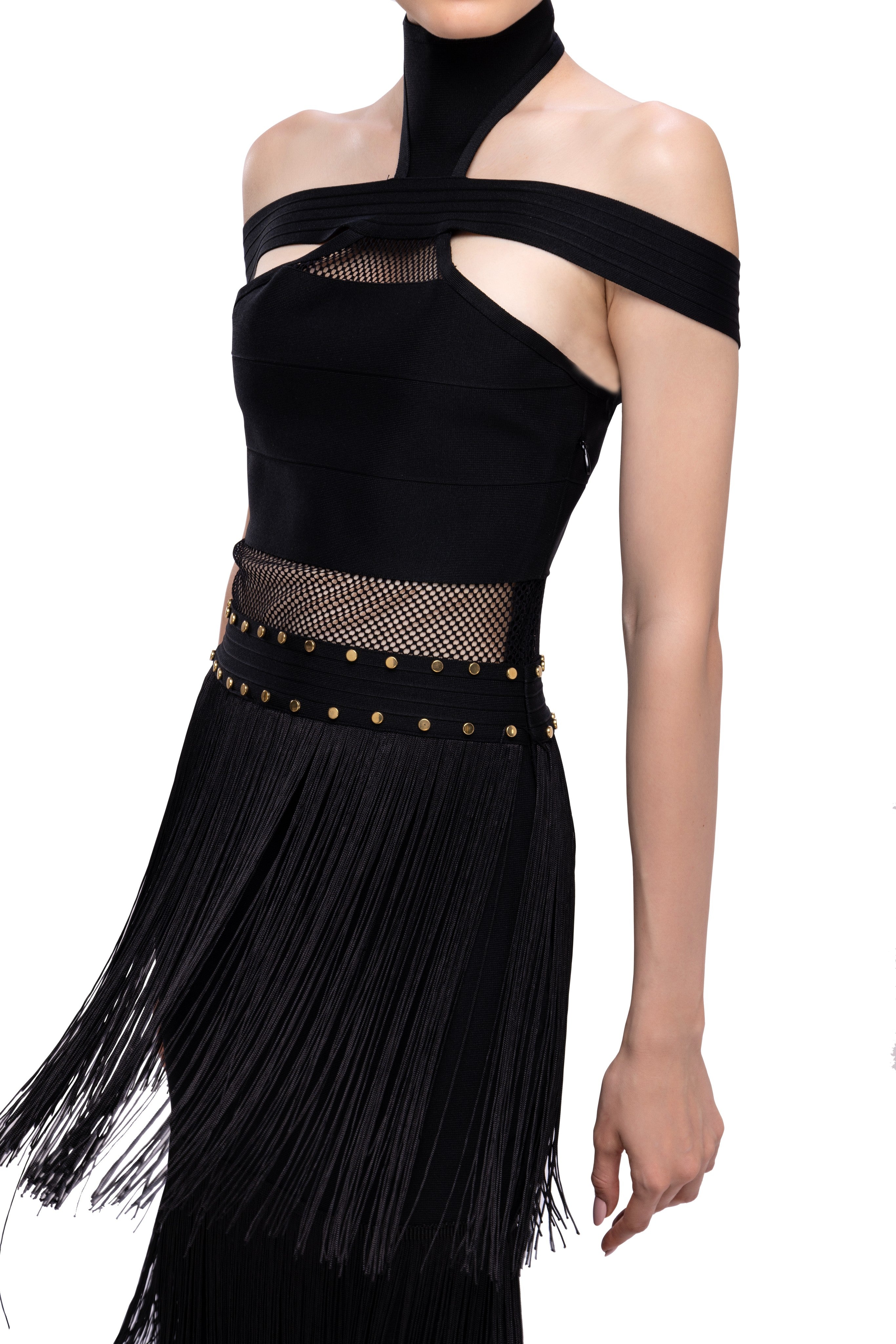 Black solid long high neck off shoulder sleeveless bandage frill lace dress